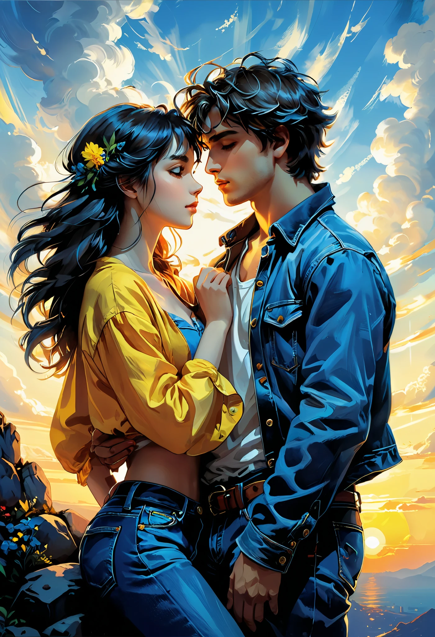 fluorescent horizon, digital brush strokes, stylish studio shading on top,
Shadow art, digital illustration, comic style. close-up, illustration, drawing of a couple of people standing on top of a rock, first love, first kiss, Pixiv competition winner, blue jeans. real 5, steam style,
yellow, blue and light blue,
Art by Giovanni Boldini, Bastien Lecouf-Degarme, Carn Griffiths, E. Abramzon, Raphael, Caravaggio, Coby Whitmore, Titian, Leonardo da Vinci, Studio Ghibli Genshin Impact