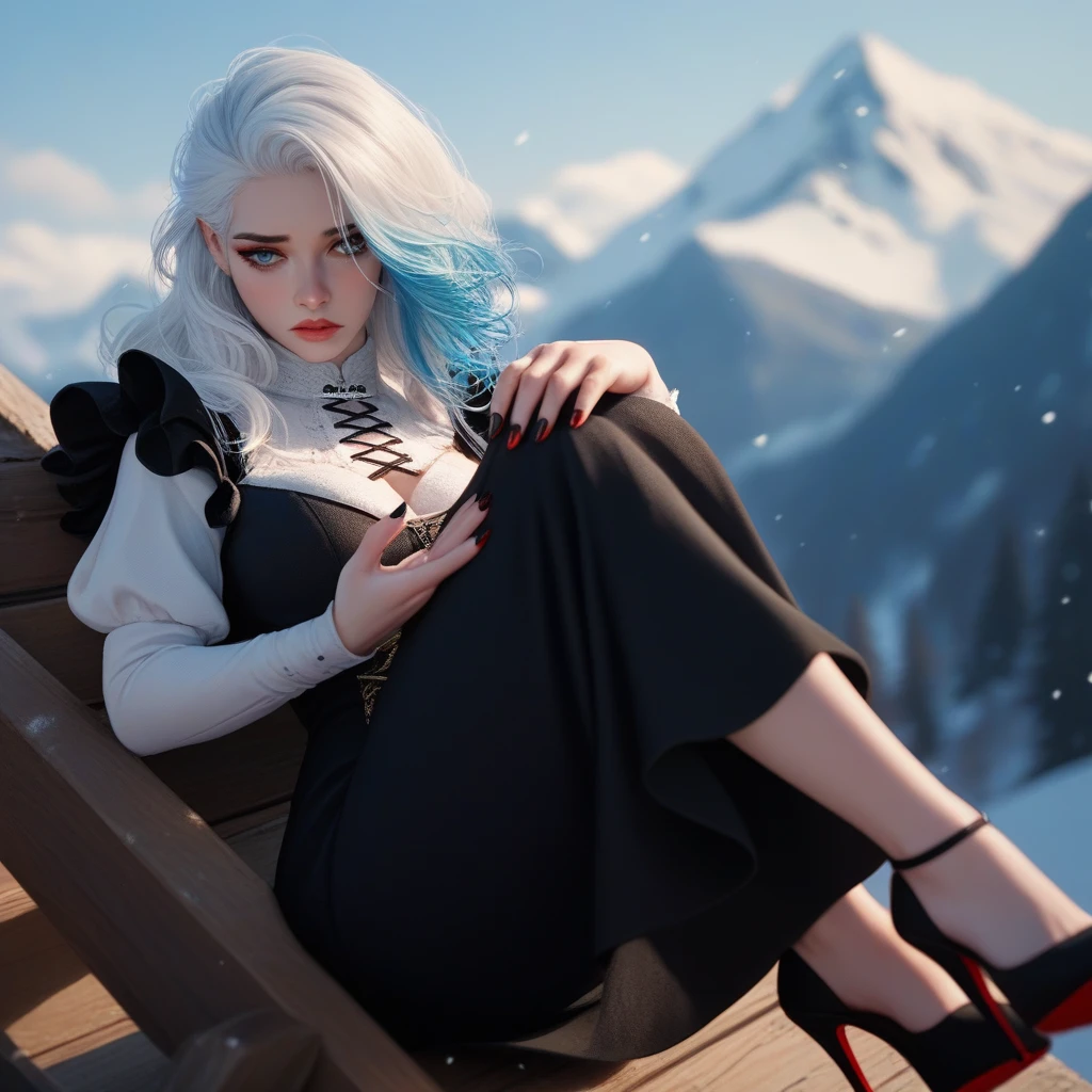 With a sad look and full breasts,  a beautiful snowy mountain in the background with dragons flying over, Your white hair with sky-blue highlights at the ends of your hair, on her hand long nails with black nail polish and a long medieval black dress, high heels with red nails 