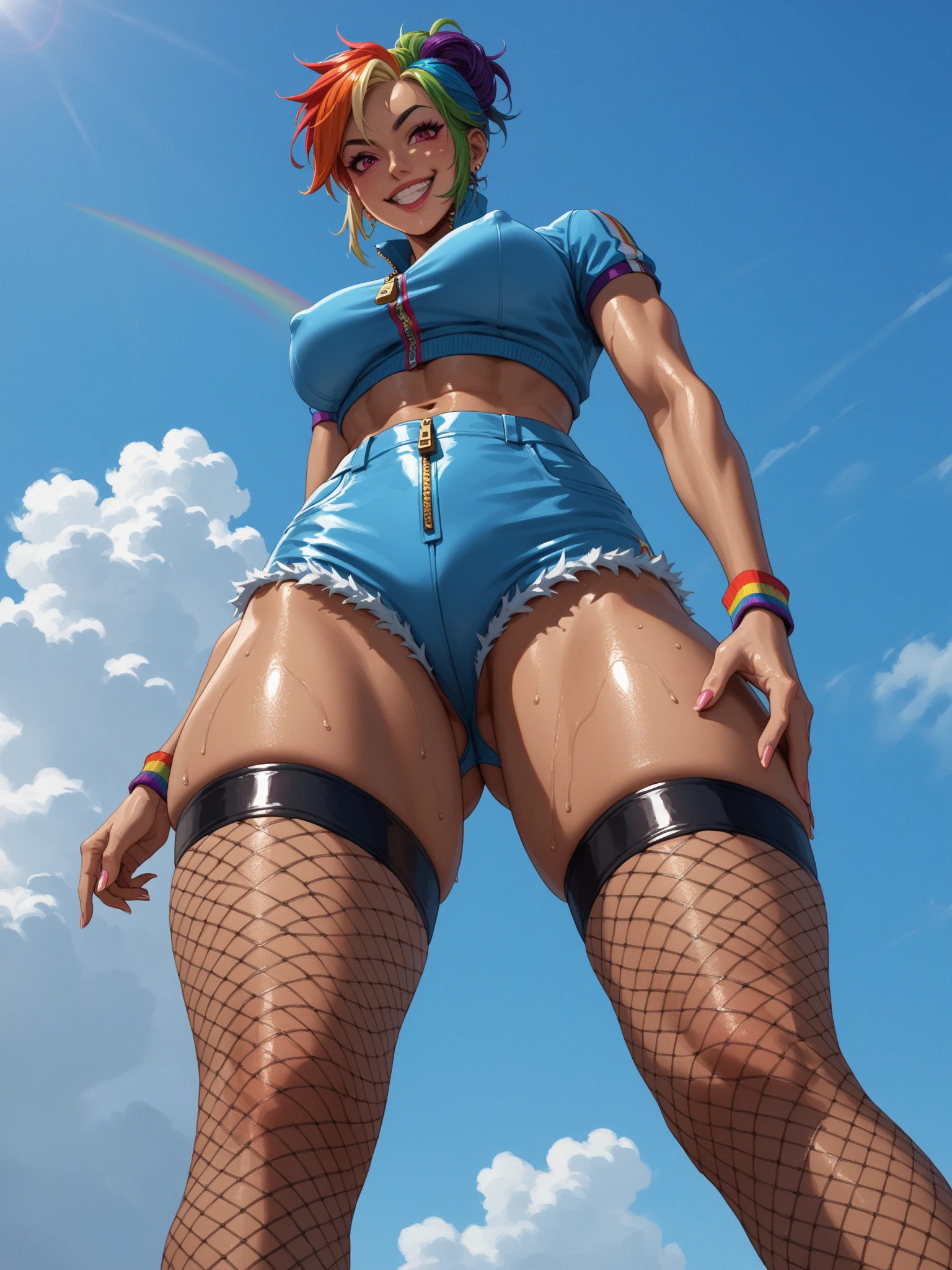 Score_9, score_8_up, score_7_up, rating_safe;; Rainbow Dash human, 1girl, viewed from below;; goofy smile, exuberant hair, rainbow hair, straight hair in updo, erect nipples, strong thighs, thigh gap, butt cheek peek, fishnet stockings, zipper clip, open rainbow outfit, tan lines, a lot of black and blue, turned face;; rainbow, Natural setting, in the sky, clouds