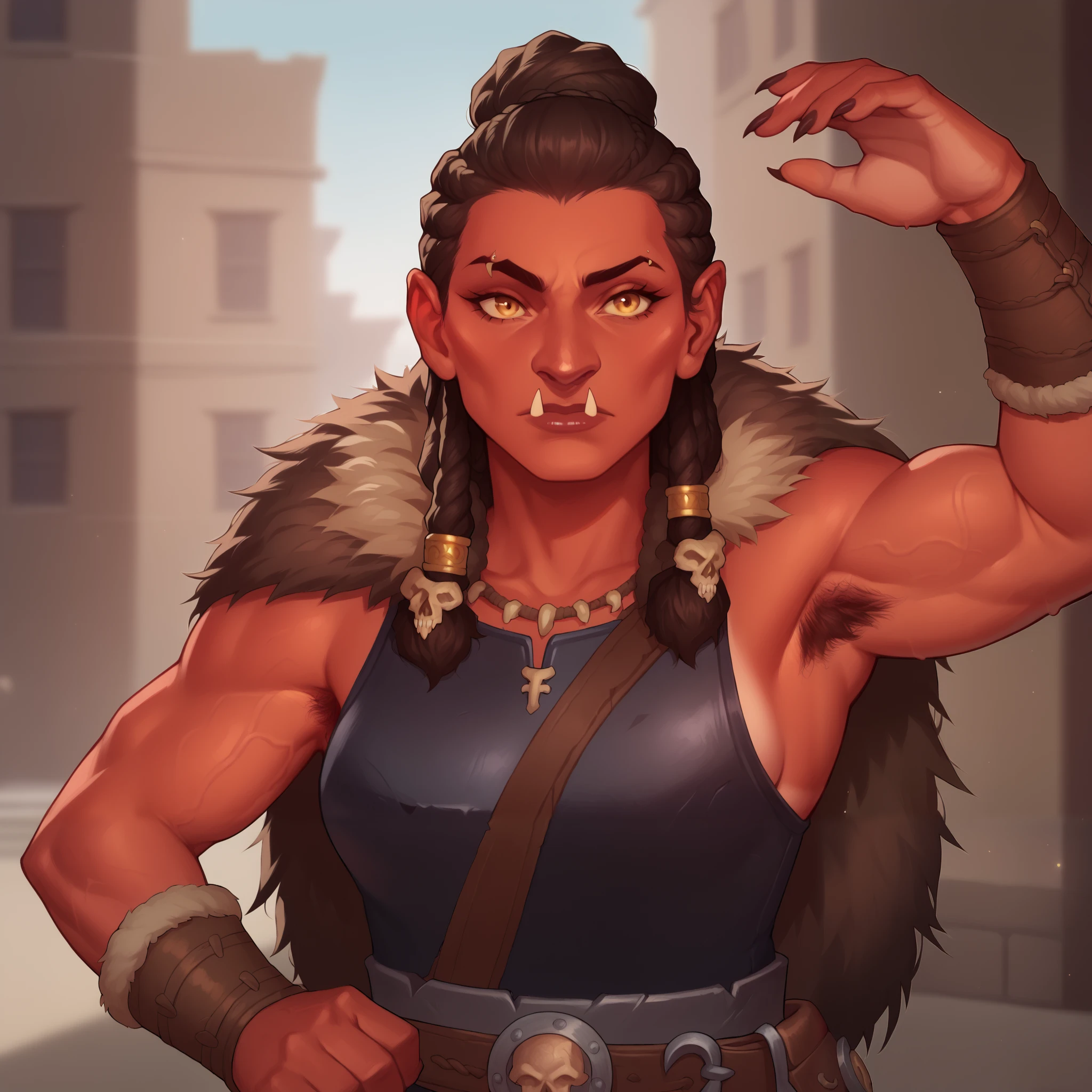 (((beautiful, high quality, comics style, detailed face))), score_9, score_8_up, score_7_up, BREAK, portrait, solo, 1woman, Hobgoblin, red skin, fangs, big nose, sun-tanned complexion, tall, muscular, one raised eyebrow, dreadlocks in a bun, square jaw, adult, fur mantel, fur cape, hairy armpits, black platearmor, druid, bulging veins, bracers, bone jewelry, fantasy city, blurred background, Expressiveh, DeepNegative_xl_v1, detailxl, zPDXL2