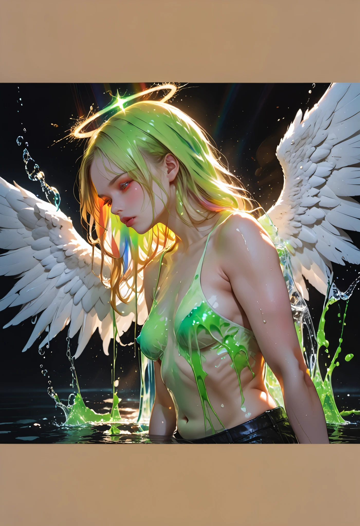  beautiful blonde woman ,   red eyes (( His eyes are red )), long light gold hair,   Sickly,    dark circles under her eyes due to lack of sleep ,  sensual plump lips ,  body aesthetics , wet clothes, god и slim ((god, slim, small bust )),  light skin ,  profile view, turned around, big angel wings grow from the shoulder blades on his back ((two symmetrical wings )), rainbow halo , stands in glowing neon green water , water is poison ,  neon green liquid glows brightly ,  neon green aura , glare of light, refraction of rays , Black magic , witchcraft, black background,  high definition ,  masterpiece, Accuracy,  high detail,  High quality ,  Main detail,  Textured leather,  Retina ,  Ultra high definition 