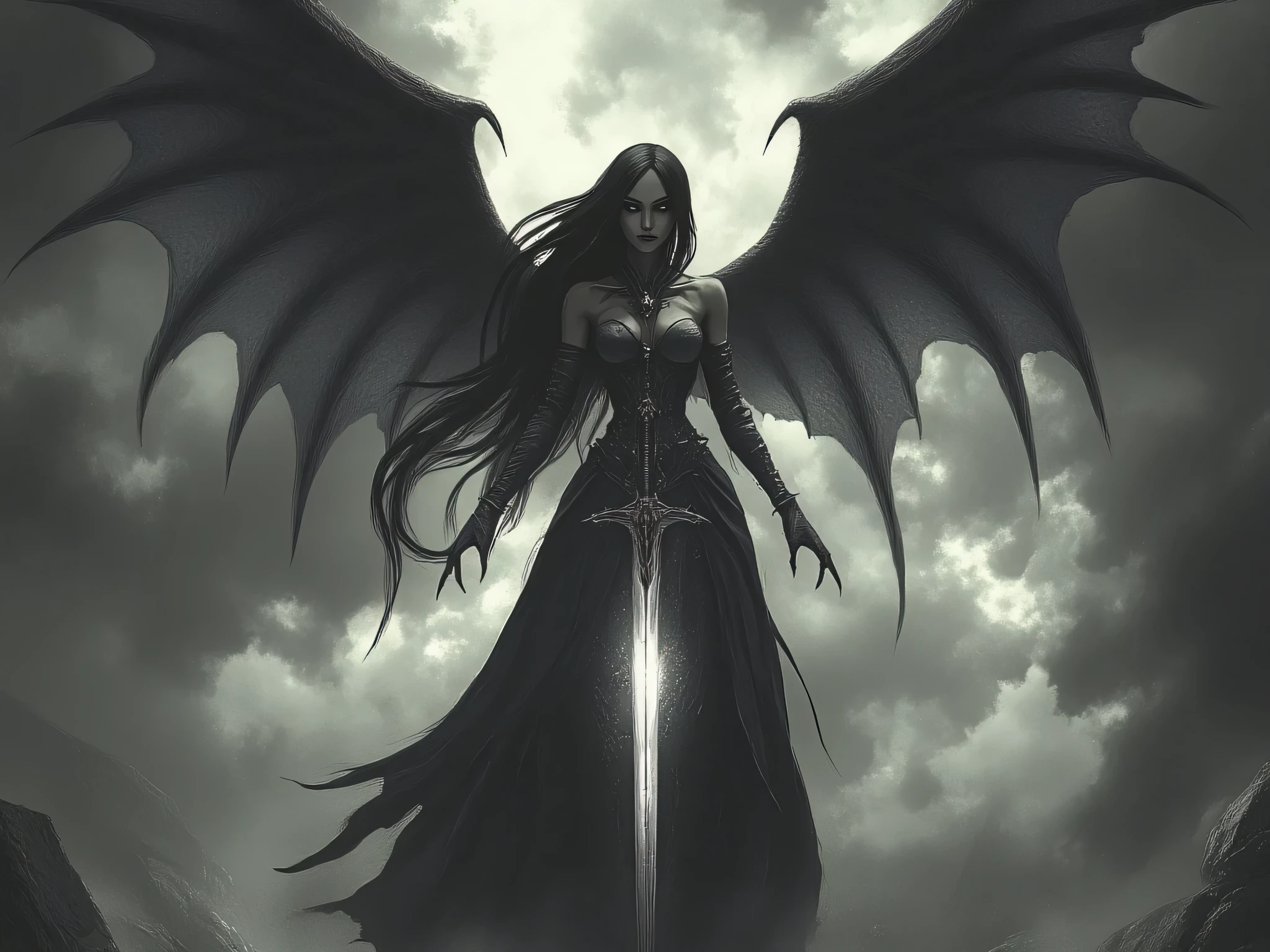 An angel of a young woman with long black hair and black dress holding a sword