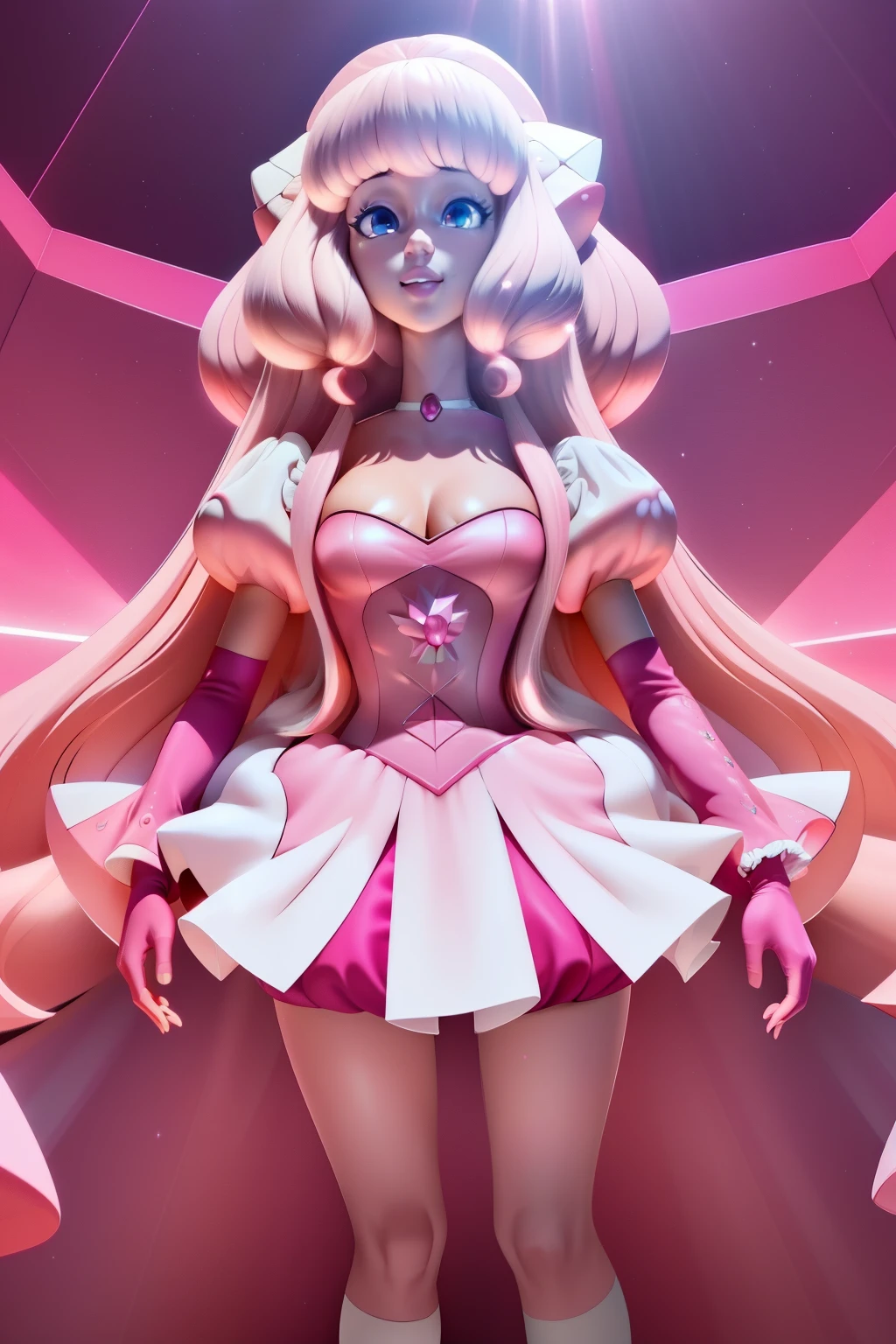 pnkdamond, pink hair, pink eyes,  long hair,  stomach gem,  pink skin,  toned, 
puffy short sleeves, elbow gloves ,  white thighs,   Puffy dress, 
standing, Upper part of the body, 
 outer space,  
(incredibly detailed, beautiful detailed face,Beautiful detailed eyes, Masterpiece, Best Quality) cinematic lighting,  SMILE, 
 