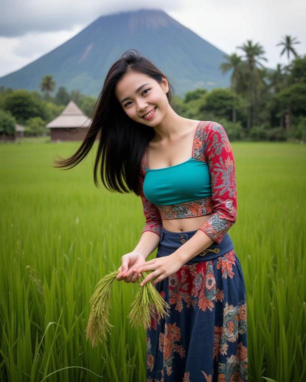 A Gorgeous black haired female Indonesian West Javanese Rice Farmer wears a vibrant kebaya dress and an exotic traditional batik fabrics with a happy face and light laugh, nurturing her just about to crop rice at her vast rice field with beautiful volcano in background, bamboo hut and bamboo woods, an epic masterpiece hyper realistic digital photography of Annie Leibovitz, professional dark and moody color grading by Kenneth Hines Jr.