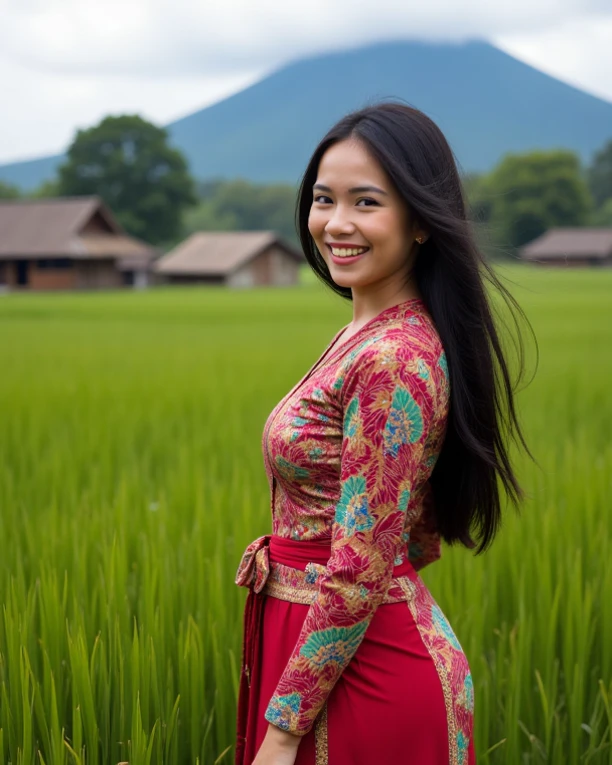 A Gorgeous black haired female Indonesian West Javanese Rice Farmer wears a vibrant kebaya dress and an exotic traditional batik fabrics with a happy face and light laugh, nurturing her just about to crop rice at her vast rice field with beautiful volcano in background, bamboo hut and bamboo woods, an epic masterpiece hyper realistic digital photography of Annie Leibovitz, professional dark and moody color grading by Kenneth Hines Jr.