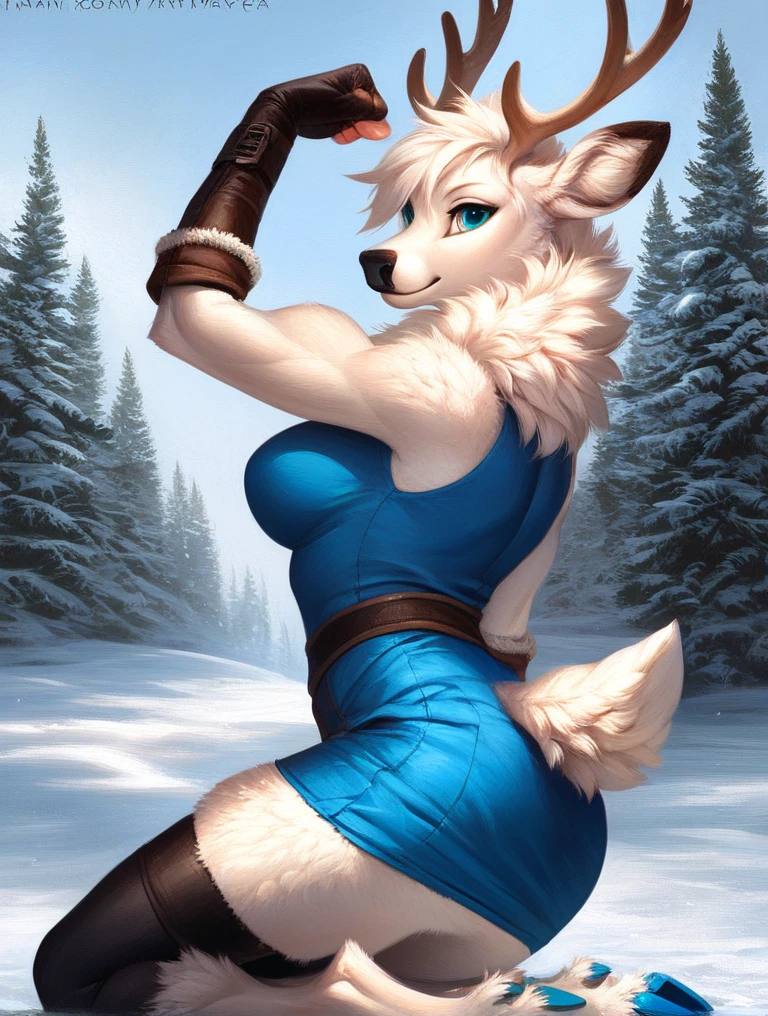 beautiful, (masterpiece), high quality, Highly detailed CG Unity 8k wallpaper, High resolution, perfect lighting, youthful, adolescent, tall, slim, skinny, frail slender figure, slim legs, medium breasts, furry polar bear character, distinctly feminine figure, narrow hips, long legs, thick, fluffy, volumetric fur, sporty black and pink full bodysuit, cinematic high fidelity, white fuzzy fur, loose long blonde hair, glamour pose, intimate, kneeling, close angle, detailed face, looking at camera, deep detailed blue eyes, detailed fluffy fur, fluffy fur texture, snowy mountain peak environment
