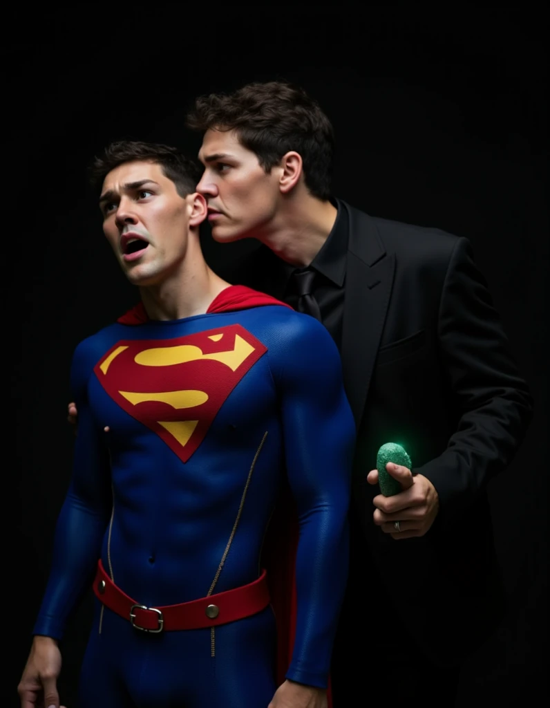 Portrait-style image featuring two men against a dark background. The man on the left has his back leaning on other man, he looks like Nick Bosa dressed in a Superman costume, characterized by a blue suit with a large red and yellow 'S' emblem on the chest. He has short, dark hair, light skin, grimacing in pain facial expression, suffering, pain, hurt, agony, almost unconscious. The man on the right is bald, has light skin, and is wearing a black suit with a black shirt and tie. He has a serious expression and is holding  a green rock that emits a faint glow. The overall composition suggests a dynamic interaction between the two characters.They kiss a lot.gay kiss