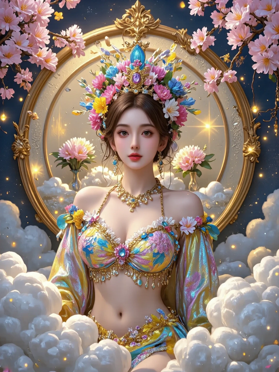 , an extremely rich 、, the queen in a neon-colored costume ， wears a giant crown full of jewels and lots of flowers。She's 27 years old ， colorful and gorgeous 。 and white clouds behind her 。 with highly detailed 、Hyper-realistic photo style