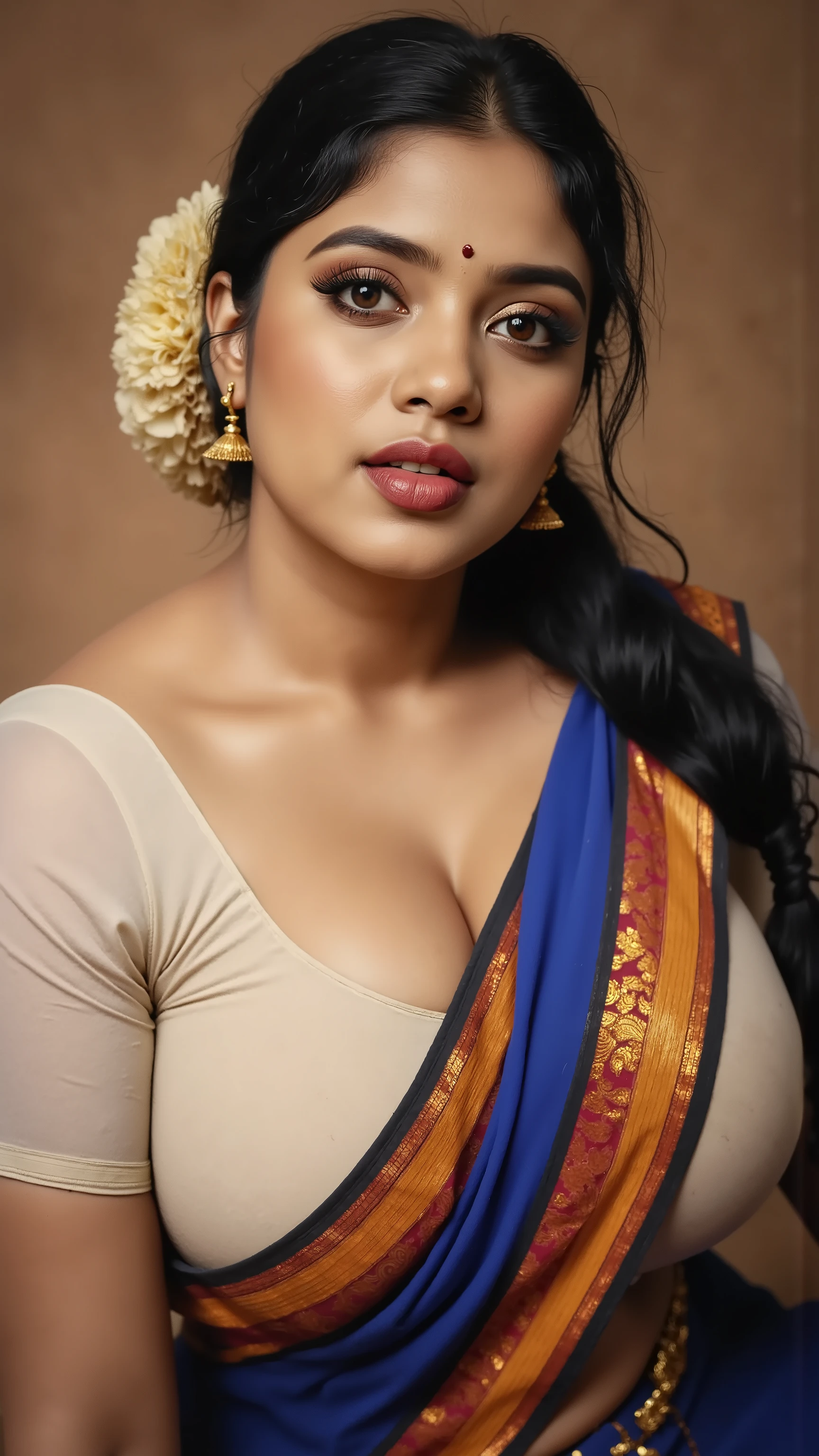 Pov camera view, Indian milf on her knees, looking at camera, with lust in her eyes, black hair tied around, flowers in head,sandal mark on forehead, sindhur on forehead (vermilion mark on forehead in the middle of hair partition,transparent blue Saree, dark red lipstick, black eyeliners, eyelashes,eyebrows,eyeshades,golden noserings,hanging ear rings,long golden chain on neck, ((huge breasts size: 2.0)), Half breasts out of the blouse, sexy cleavage, white with golden emproydered colour blouse, thick arms, inside bedroom, 8k , intricate details