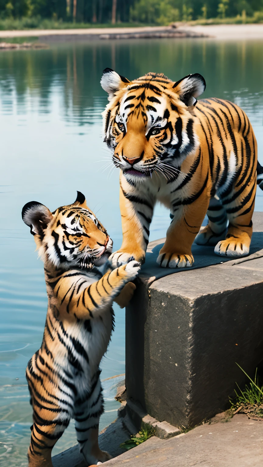 Cute baby tiger , playing with a white rabbit next to a lake