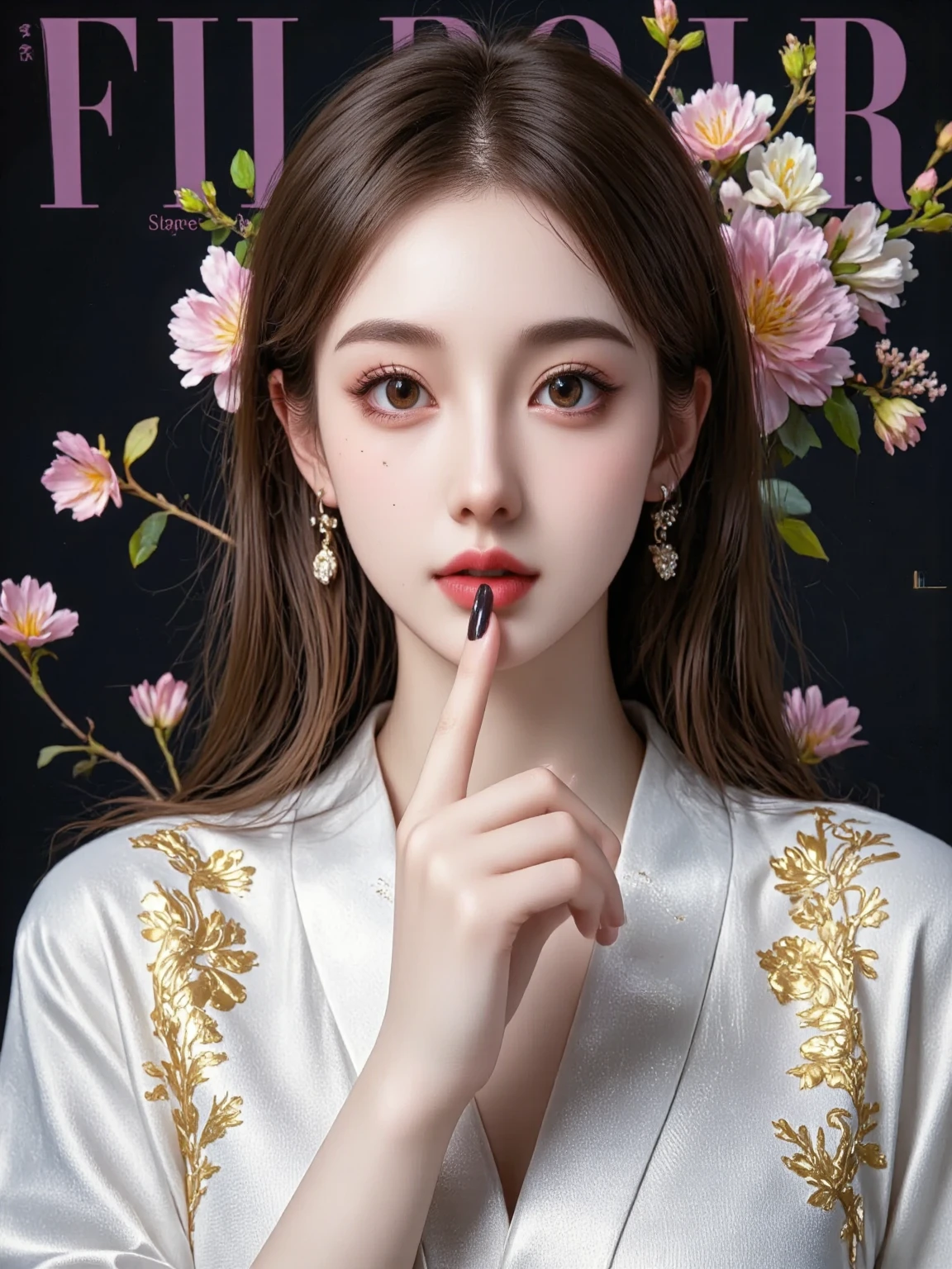 Hand-painted style, magazine cover close-up, a woman with many scars and sutures on her face, pale skin, light golden eyes, cold expression, diagonal composition, high angle of sight, obvious contrast between light and dark, mainly gray tones Color tone, wearing white kimono, gold patterned silk thread, black nails, index finger on mouth, prohibited movement, dark background, high saturation, octane rendering, beveled top light, ray tracing