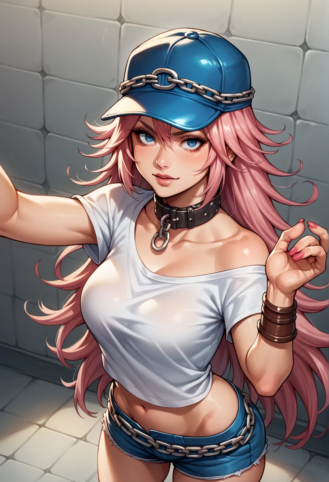 Female,Alone, high resolution,  Looking at the spectator,  simple background , hood, Sweatshirt, badass girl, sassy, hands in pocketsObra-prima,  best quality, score_9, score_8_above, score_7_above, to break, score_9, 1 ******, pink hair,  long hair, Pico cap , collar, t-shirt,  Silver Bracelet, off shoulder, nail polish, brown bracelet , bracelete,  Blue Eyes,  Looking at the spectator,light purple background ,close up