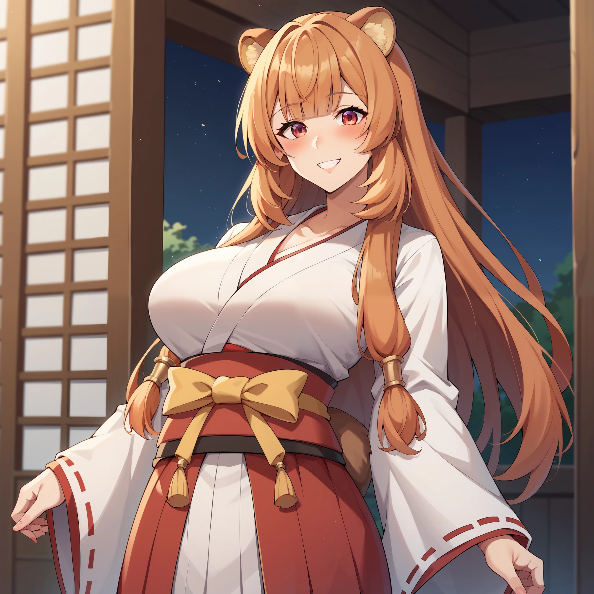 Raphtalia ,Bright orange hair , red eyes like rubíes, bear ears, , big breasts.  smile, blush, big breasts,  miko costume. ,  kimono white top red bottom , fondo un jardin japones arboles de cerezo.
