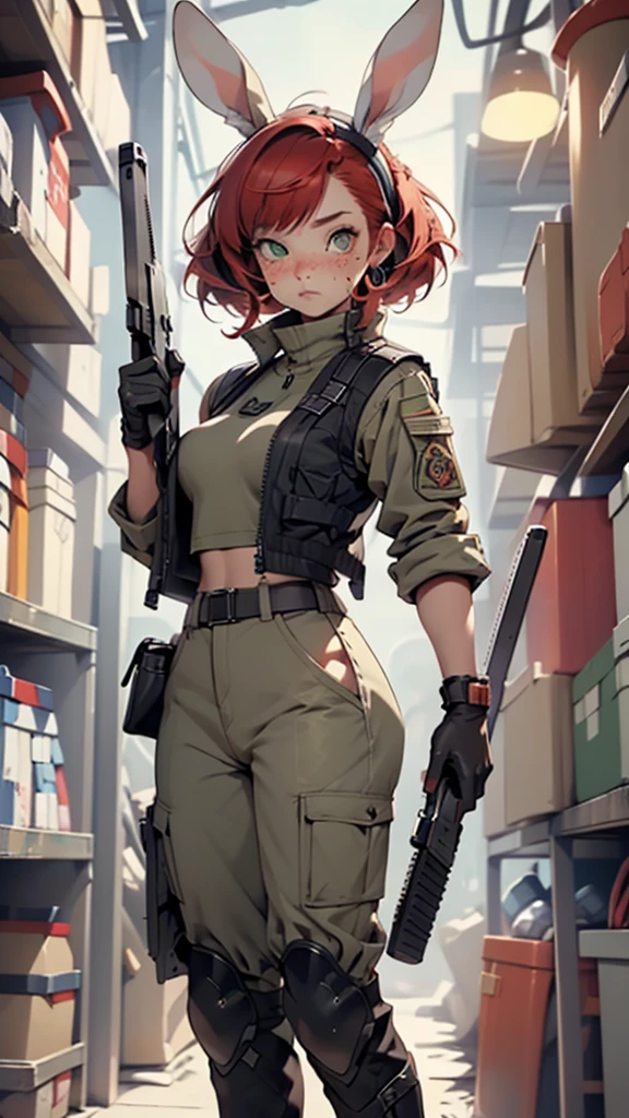 masterpiece, best quality, meryl, black tank top, belt, green pants, fingerless gloves, boots, crouching, holding pistol, furrowed brow, indoors, warehouse <lora:meryl-nvwls-v1-000010:0.9>