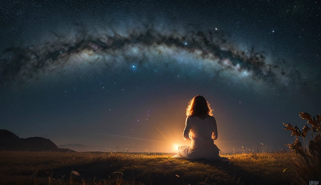 A real woman sitting in a lotus position, meditating under a breathtaking starry sky, with the majestic planet Jupiter glowing brightly in front of her. In the sky, with the majestic planet Jupiter, with the majestic planet Jupiter, the stars clearly form the astrological symbol of Sagittarius, depicting a centaur drawing its bow and arrow aimed at Jupiter. The scene features natural and dramatic lighting with rich tones of blue, purple, and gold, and a highly detailed, realistic night sky. The woman, with serene and expressive features, is softly illuminated by the glow of Jupiter, creating a mystical atmosphere. The rendering should resemble a cinematic movie scene with real actors, showcasing 4K high definition and a profoundly spiritual and cinematic aesthetic