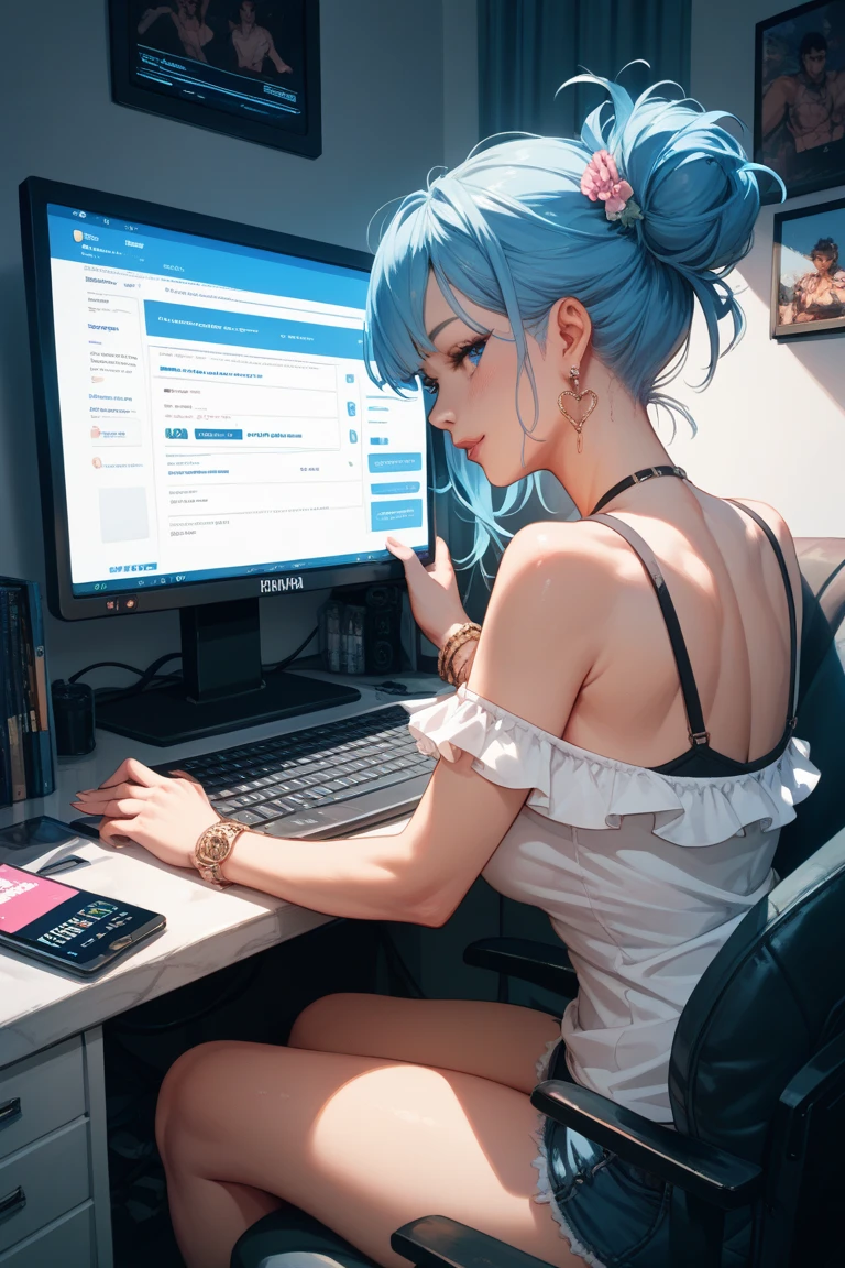 Create images of a happy young woman with a lot of money because she found a winning digital product. He has a computer. It is a luxurious place.