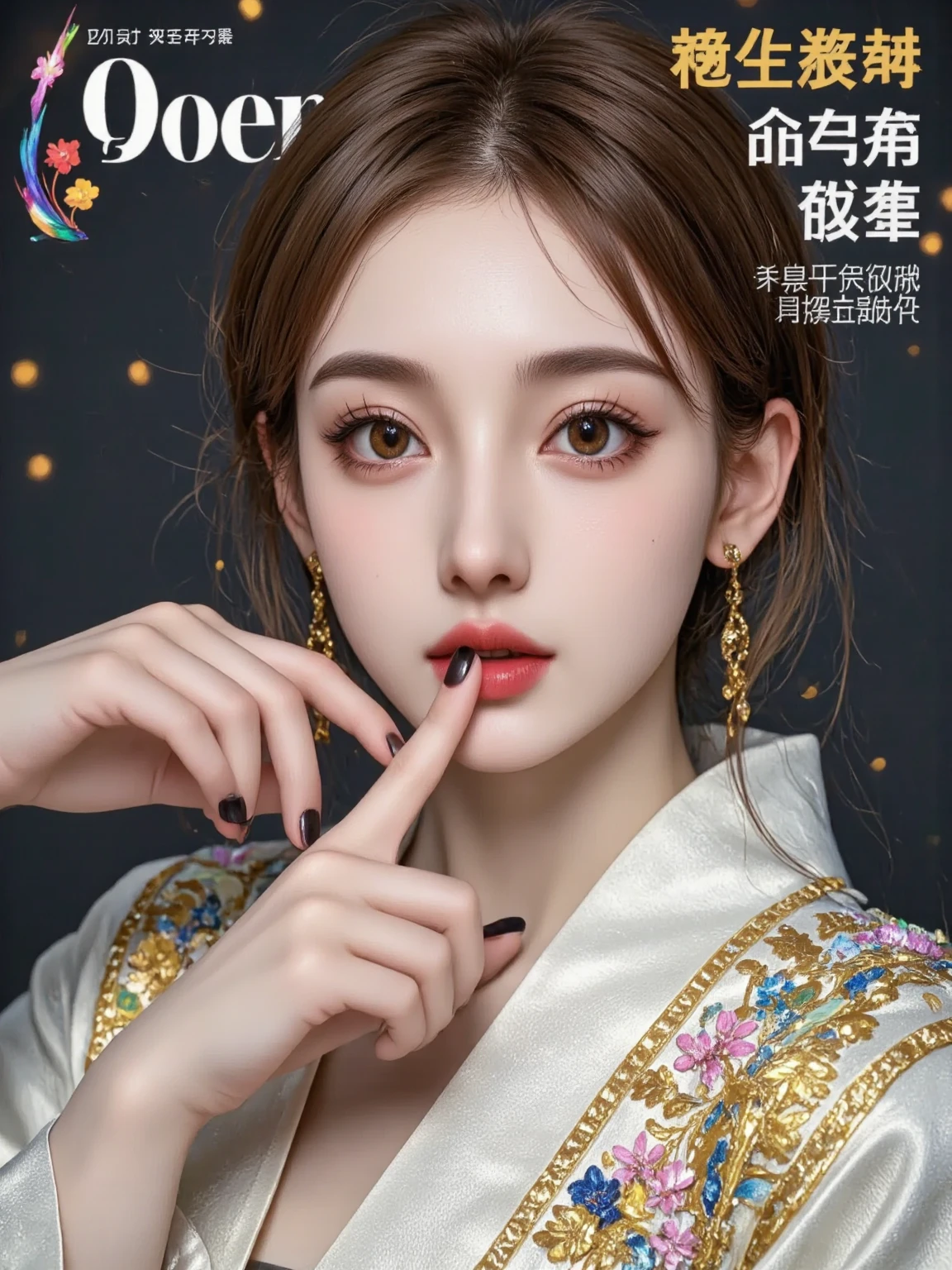 Hand-painted style, magazine cover close-up, a woman with many scars and sutures on her face, pale skin, light golden eyes, cold expression, diagonal composition, high angle of sight, obvious contrast between light and dark, mainly gray tones Color tone, wearing white kimono, gold patterned silk thread, black nails, index finger on mouth, prohibited movement, dark background, high saturation, octane rendering, beveled top light, ray tracing