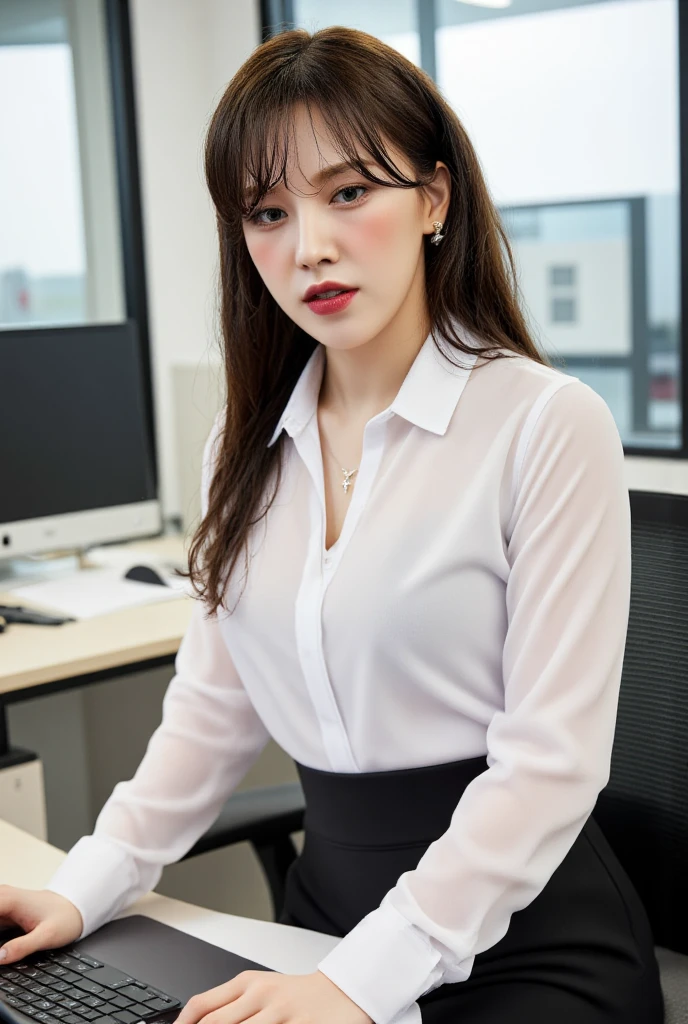    A 25-year-old office lady, sitting in front of , full body view,  using white formal shirt,  black formal skirt bottoms , wet long hair,  using a cross necklace , dark red lips 