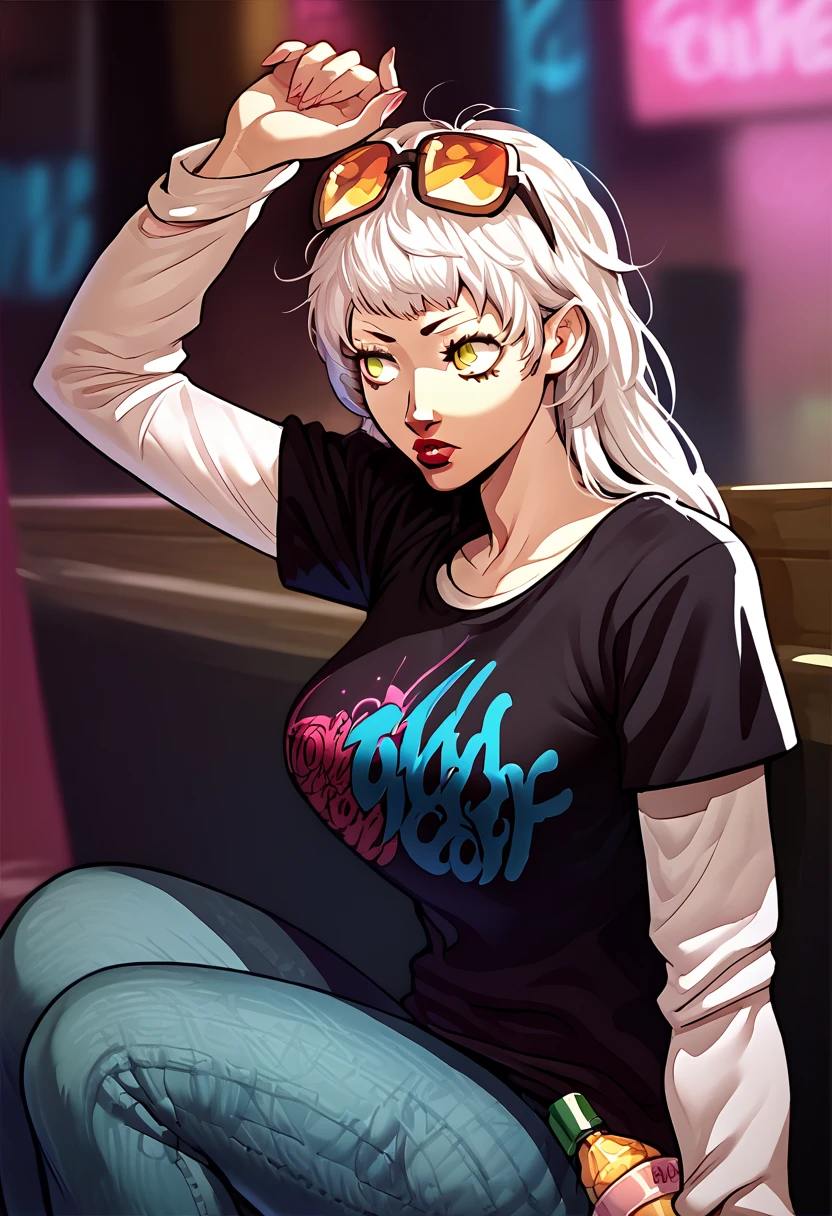 1 girl, sunglasses on head, lipstick, black t-shirt, clothes writing, layered sleeves, large breasts, jeans, Micaiah, white hair, yellow eyes