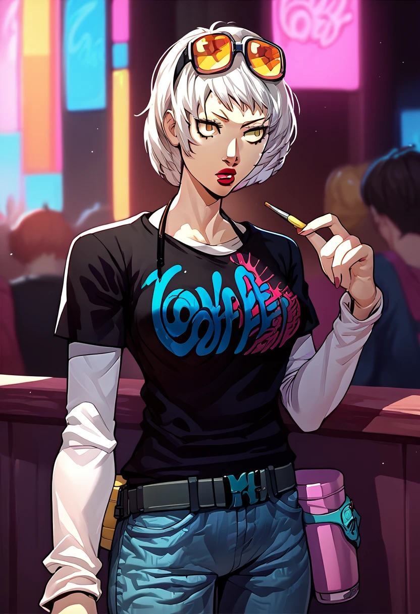 1 girl, sunglasses on head, lipstick, black t-shirt, clothes writing, layered sleeves, large breasts, jeans, Micaiah, white hair, yellow eyes