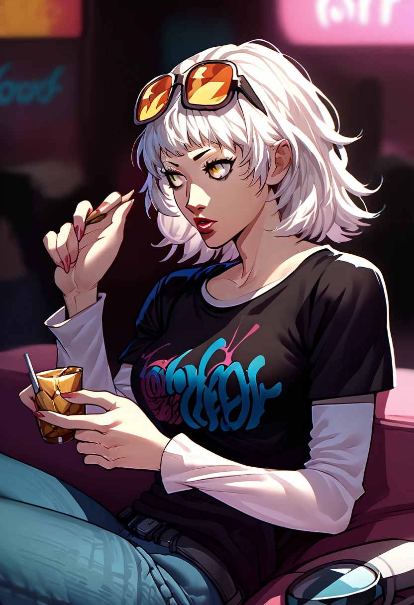 1 girl, sunglasses on head, lipstick, black t-shirt, clothes writing, layered sleeves, large breasts, jeans, Micaiah, white hair, yellow eyes