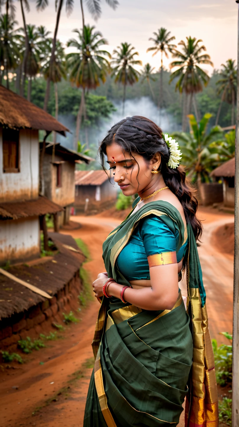 a photograph of malayali women in saree, she have a headek and she crying, moody back ground, evening in a kerala village