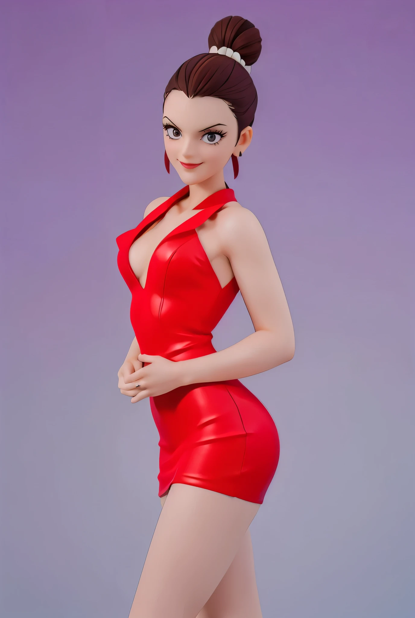 Kaolinite more realistic ((   masterpiece,   Better Quality,Ultra delicate,Perfect face,16K,   High resolution,  )) realistic textures, Kaolinite Bun hair, Hair bun ,  seductive pose, fitted red tubed mini dress , Uniform dress , Office tight mini dress , tight dress ,  tight red dress ,  purple eyes ,   beautiful smile  , 30 YEARS
