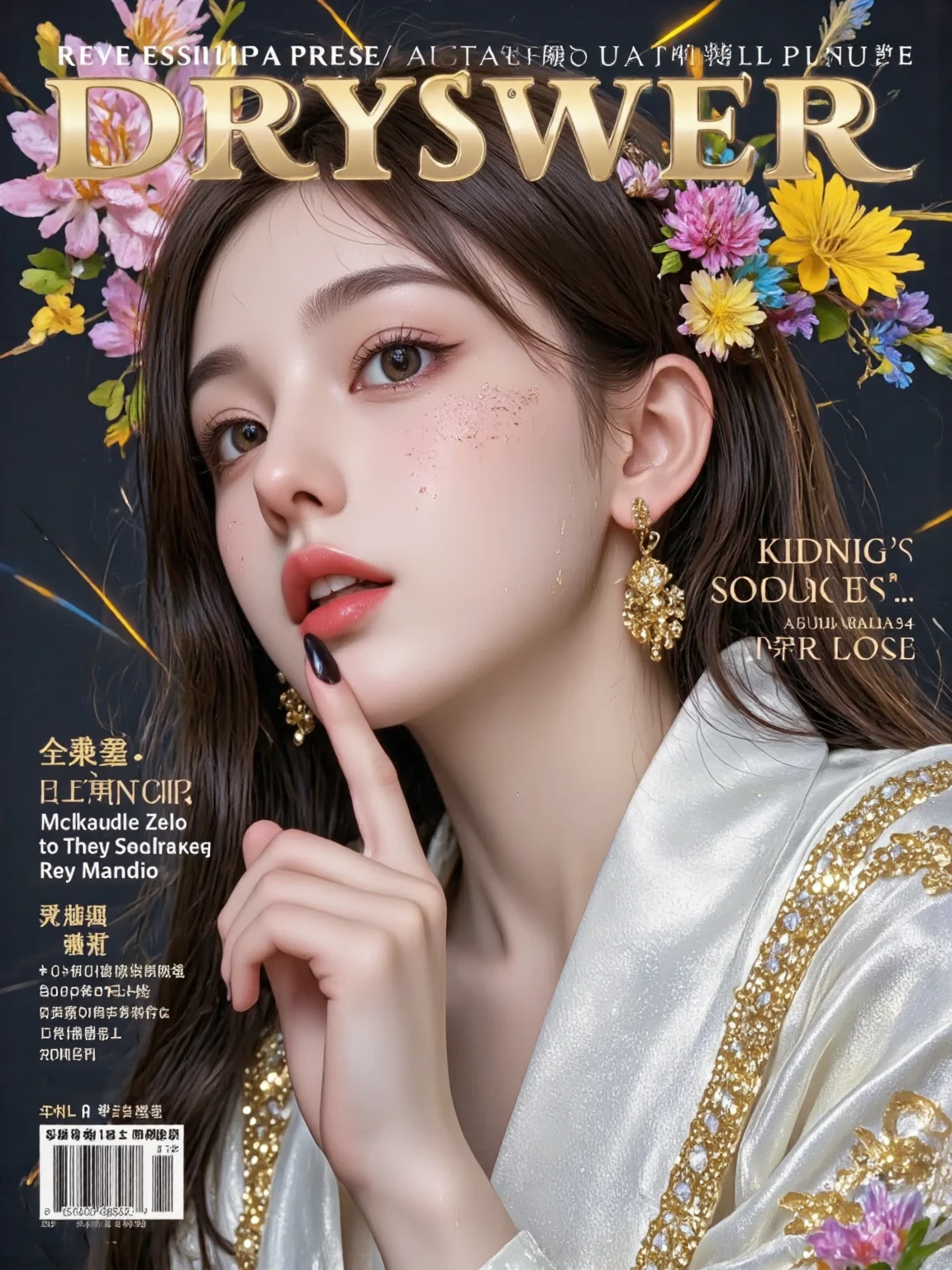 Hand-painted style, magazine cover close-up, a woman with many scars and sutures on her face, pale skin, light golden eyes, cold expression, diagonal composition, high angle of sight, obvious contrast between light and dark, mainly gray tones Color tone, wearing white kimono, gold patterned silk thread, black nails, index finger on mouth, prohibited movement, dark background, high saturation, octane rendering, beveled top light, ray tracing, 1qcyj1