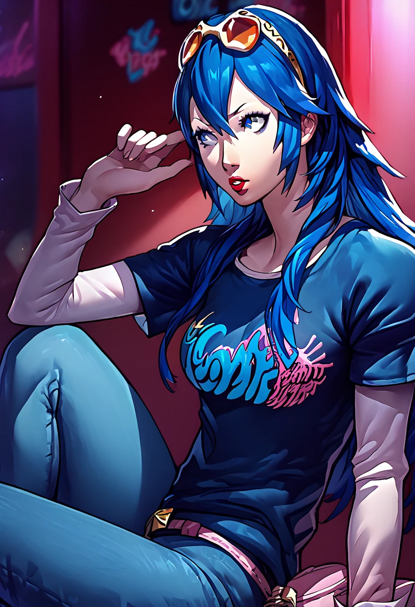 1 girl, sunglasses on head, lipstick, black t-shirt, clothes writing, layered sleeves, large breasts, jeans, Lucina, blue hair, blue eyes