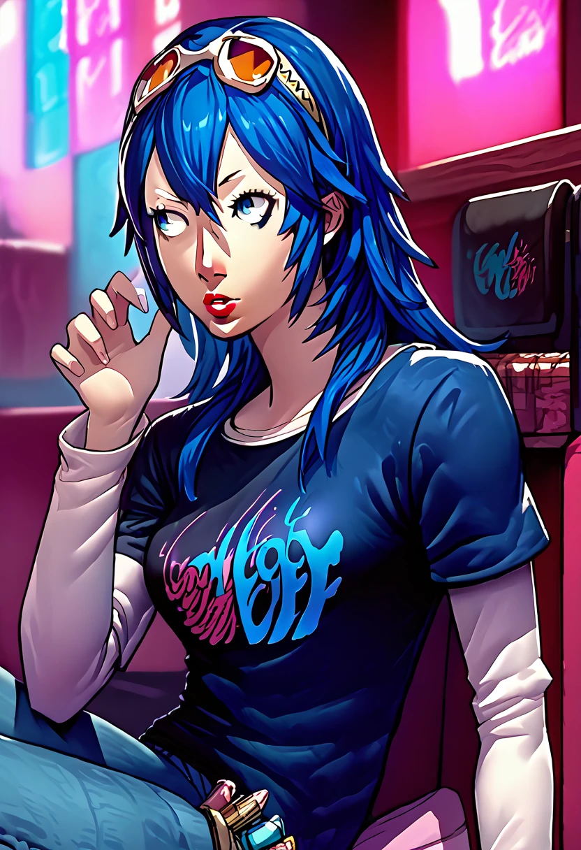 1 girl, sunglasses on head, lipstick, black t-shirt, clothes writing, layered sleeves, large breasts, jeans, Lucina, blue hair, blue eyes