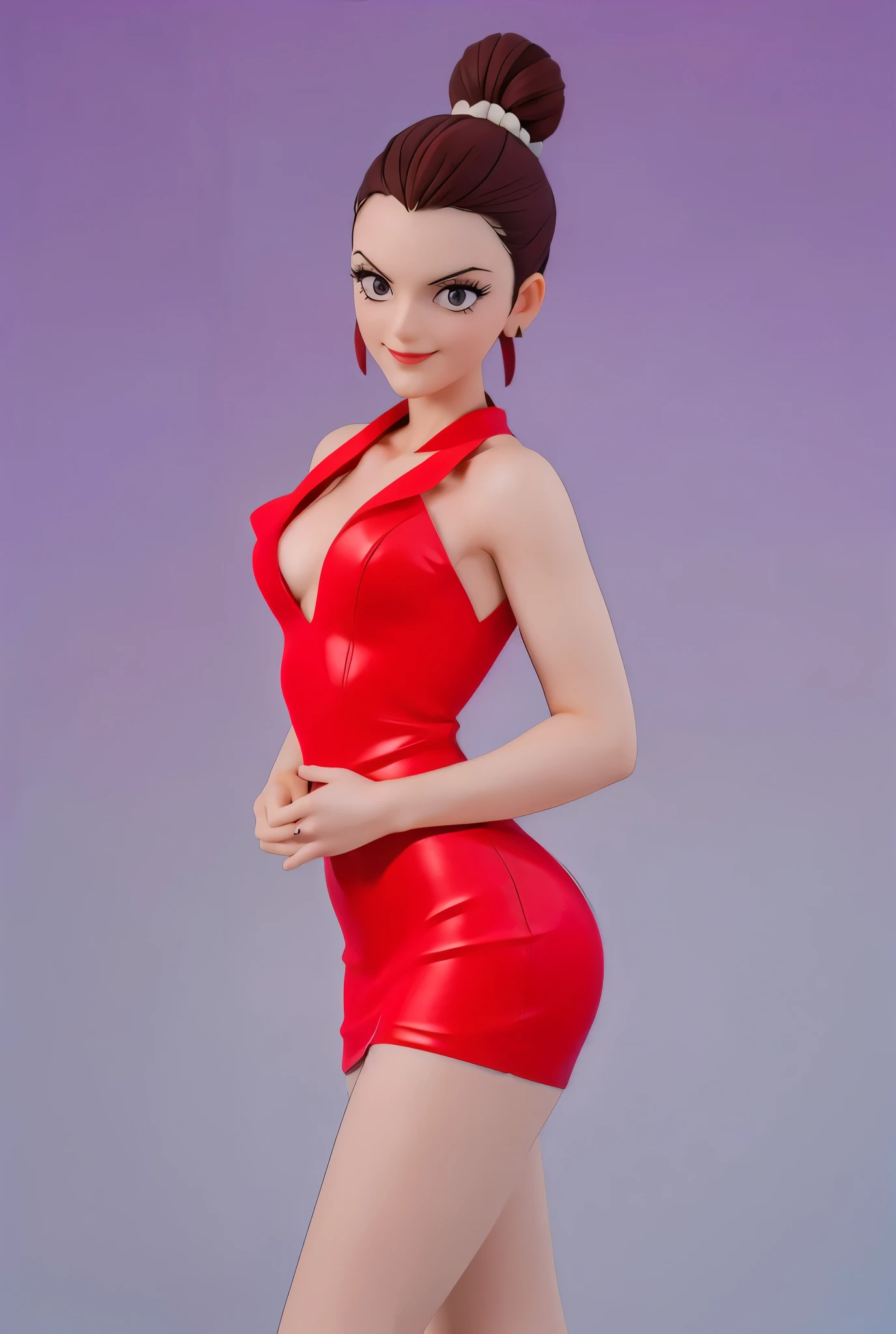 Kaolinite more realistic ((   masterpiece,   Better Quality,Ultra delicate,Perfect face,16K,   High resolution,  )) realistic textures, Kaolinite Bun hair, Hair bun ,  seductive pose, fitted red tubed mini dress , Uniform dress , Office tight mini dress , tight dress ,  tight red dress ,  purple eyes ,   beautiful smile  , 30 YEARS
