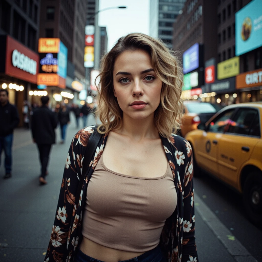 "Cinematic shot of a beautiful 25-year-old woman posing on a sidewalk in a large metropolis. She is blonde, with shoulder-length curly hair, bright green eyes fixed on the viewer, sensual lips, fair skin. She is wearing a beige, 80s-style, body-hugging sweatshirt with a long-sleeved printed blouse. She is posing on a busy sidewalk, outdoors, cloudy day, dark environment, with blurred composition, natural light, shallow depth of field, bright colors, wide shot."