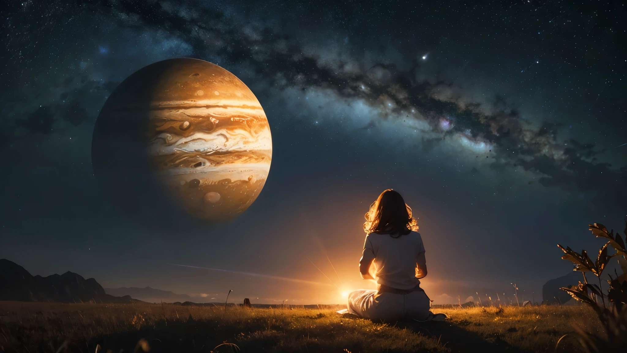 A real woman sitting in a lotus position, meditating under a breathtaking starry sky, with the majestic planet Jupiter glowing brightly in front of her. In the sky, the stars clearly form the astrological symbol of Sagittarius, depicting a centaur drawing its bow and arrow aimed at Jupiter. The scene features natural and dramatic lighting with rich tones of blue, purple, and gold, and a highly detailed, realistic night sky. The woman, with serene and expressive features, is softly illuminated by the glow of Jupiter, creating a mystical atmosphere. The rendering should resemble a cinematic movie scene with real actors, showcasing 4K high definition and a profoundly spiritual and cinematic aesthetic