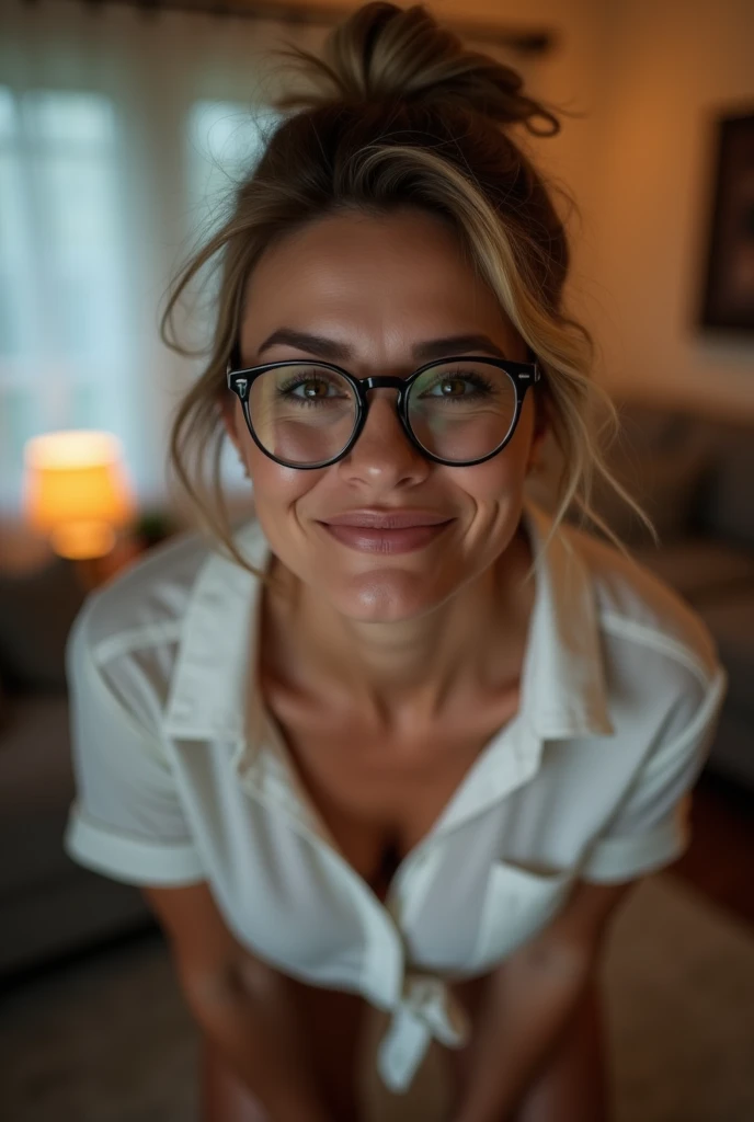 beautiful blonde model, perfect body, perfect face, freckles only on face, dirty blonde hair, hazel eyes, busty body, thick body, wearing black lingare, glasses, sat on her bed, smile, perfect smilee, hair in a messy bun, gla