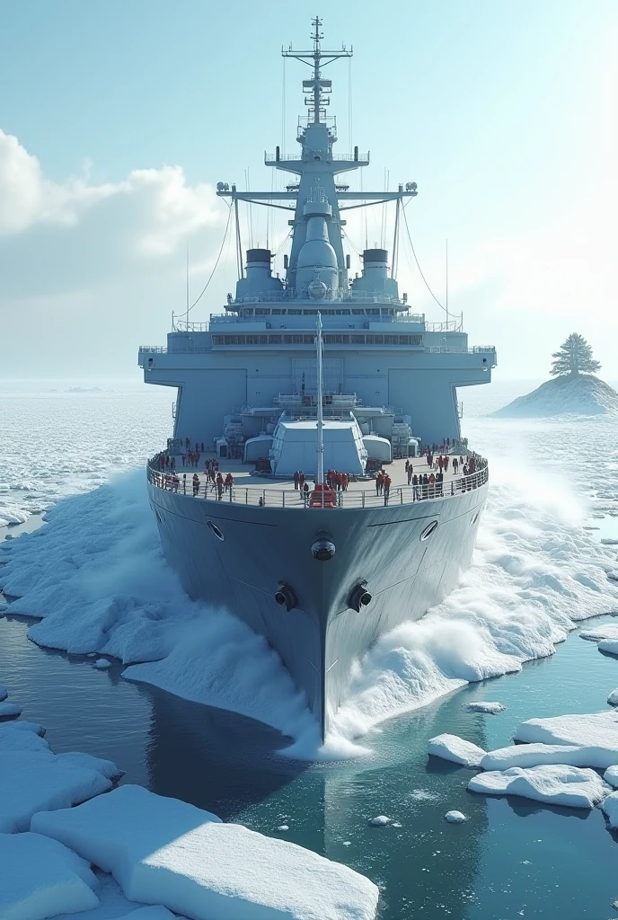 Create in full 4k HD an image of a giant ice-breaking ship with contrast and at the end of the ice is a small island with grass and a path with a tree in the center