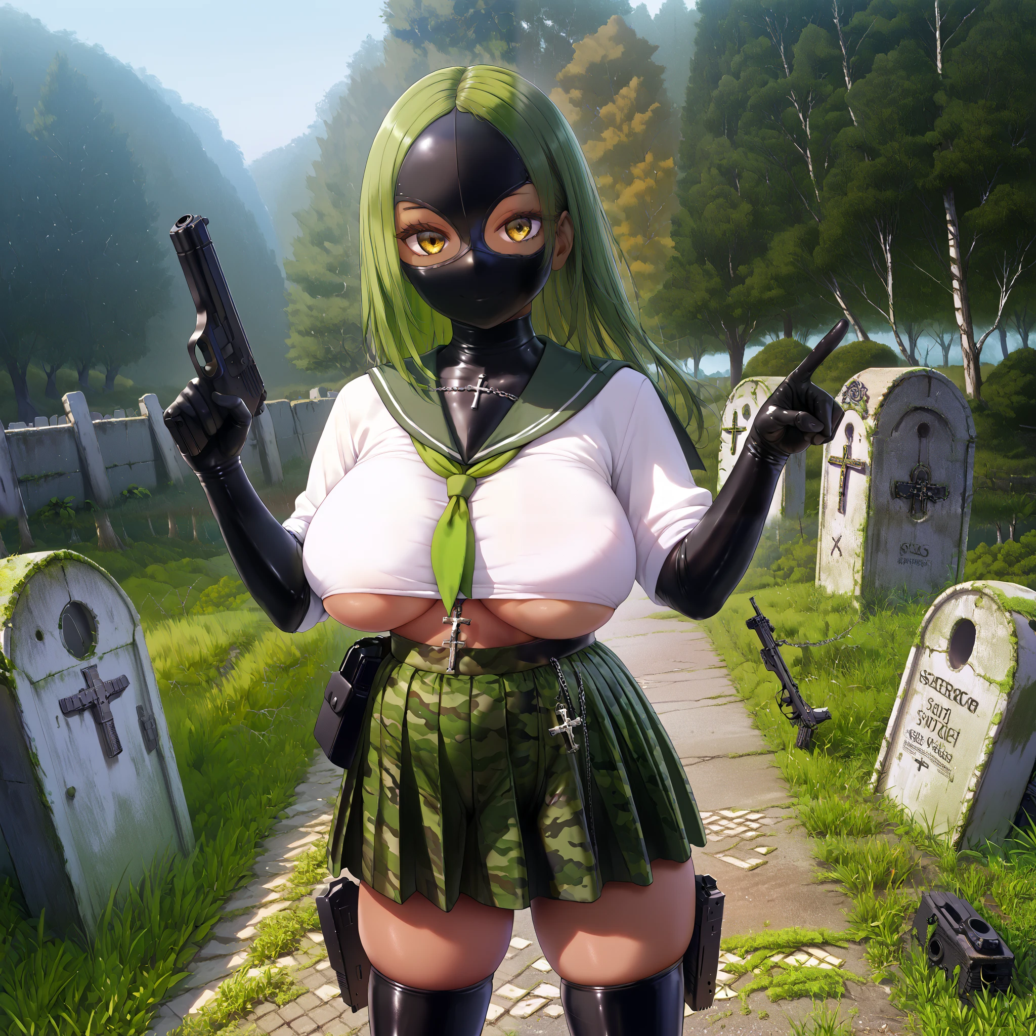 1 girl,(master piece,hires, ultra detailed,8K,16K),look at viewer,smiling, fullheadmask, black latex, mask covering entire head, no hair, skinhead,upper body,outdoor,yellow eyes,serafuku,white shirt, ((holding black pistol)), Glock, military gun, action pose, very stylish, goth clothing, latex gloves, black heel boots, graveyard, shiny silver crucifix chain, brown skin, large breasts,midwest, forest, green mossy oak camouflage background, lots of large crucifix gravestones, side pose, pointing gun forward, fashion, camouflage skirt, pointing gun at viewer, fisheye lens, halftone dot texture, zoom out so entire body is visible, realistic gun,