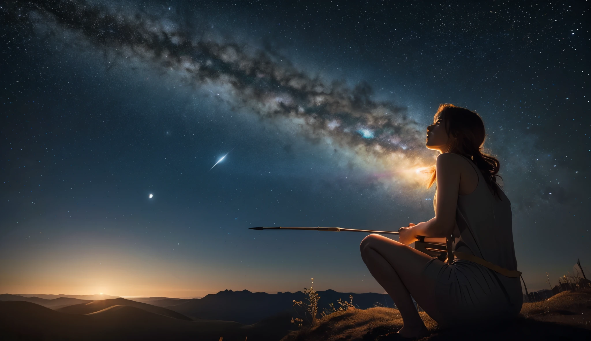 A real woman sitting in a lotus position, meditating under a breathtaking starry sky, with the majestic planet Jupiter glowing brightly in front of her. In the sky, with the majestic planet Jupiter, with the majestic planet Jupiter, the stars clearly form the astrological symbol of Sagittarius, depicting a centaur drawing its bow and arrow aimed at Jupiter. The scene features natural and dramatic lighting with rich tones of blue, purple, and gold, and a highly detailed, realistic night sky. The woman, with serene and expressive features, is softly illuminated by the glow of Jupiter, creating a mystical atmosphere. The rendering should resemble a cinematic movie scene with real actors, showcasing 4K high definition and a profoundly spiritual and cinematic aesthetic