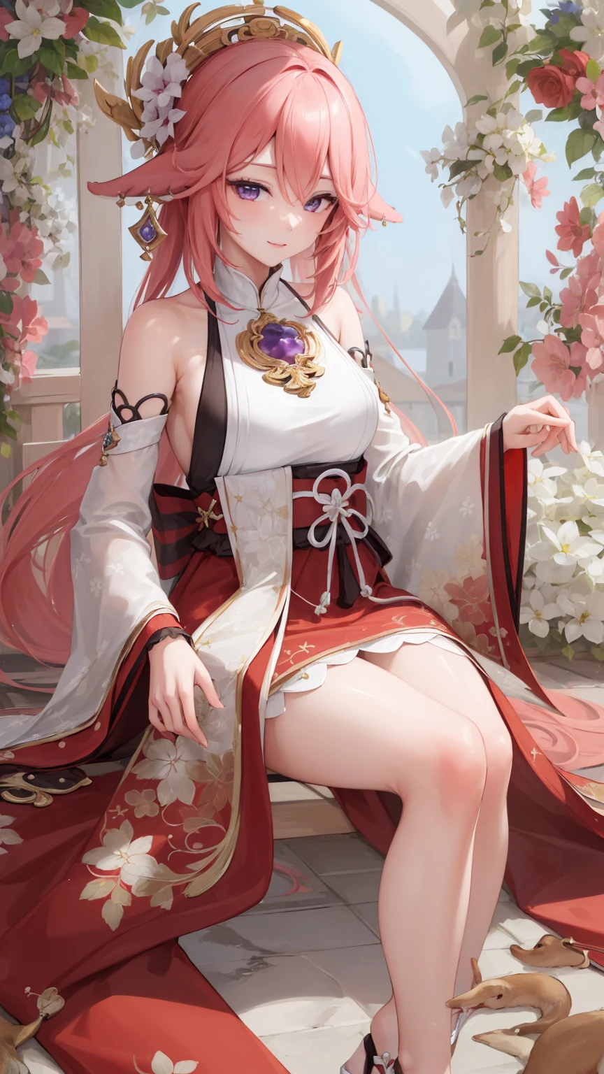 4K,High resolution,one woman,pink hair,long ponytail,yellow eyes,big breasts,ancient chinese princess,white cheongsam,side boob,princess tiara,ancient chinese royal family