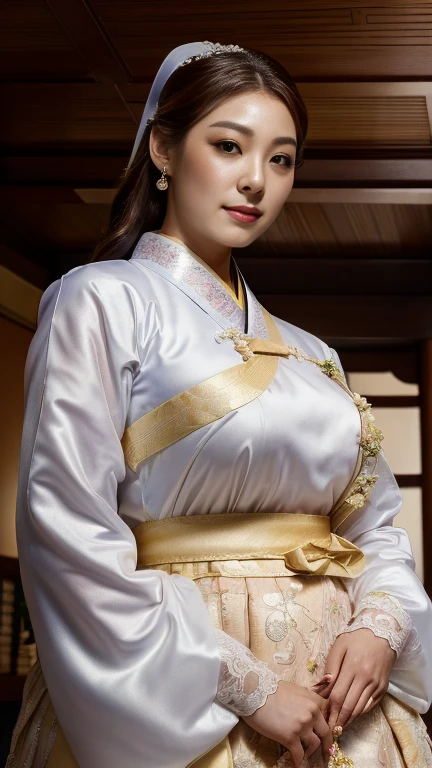 ((masterpiece, photorealistic, highest quality, ultra detailed, ultra high res, 16K)), kim yuna, celebrity, korean, nail polish, (((super gigantic saggy breasts))), cleavage, plump, curvy, comb, hairpin, hair ornament, ((hanbok dress)), ((hanbok skirt, sash)), earrings, korean bride, traditional korean wedding, sexy, grin, ((background of traditional korean wedding reception)), (highly detailed realistic body, highly detailed beautiful face, realistic body, realistic face, stunning visuals, perfect anatomy, intricate detail)