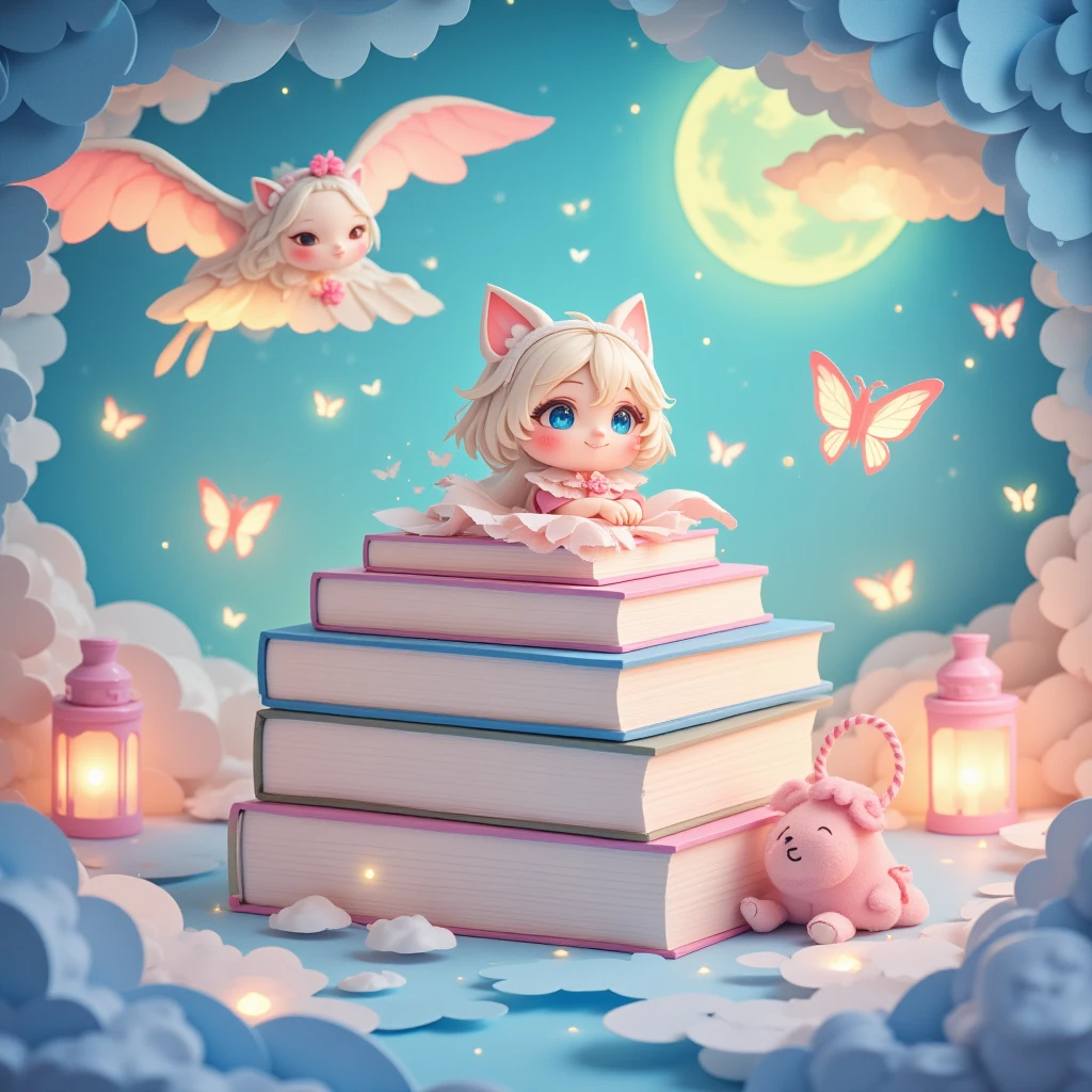 papercut style, whimsical layered paper design, books stacked as if crafted from cut-out paper, 1chibi characters,solo,soft pastel colors and paper-textured wings, clouds and moon rendered with fine paper edges, glowing lanterns and delicate butterflies, dreamlike atmosphere, intricate cut-out details, soft and playful aesthetic
