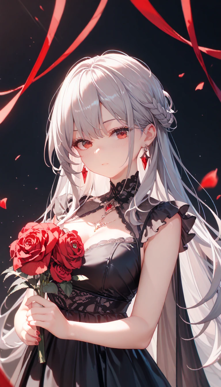 ( best quality , Masterpiece), ( 1 girl, Alone, black dress, standing , look at the viewers, Gray Hair, red eyes, Holding up roses , Closed Her Mouth , upper body), ( the red dream catcher is in the back, Red Flower, )