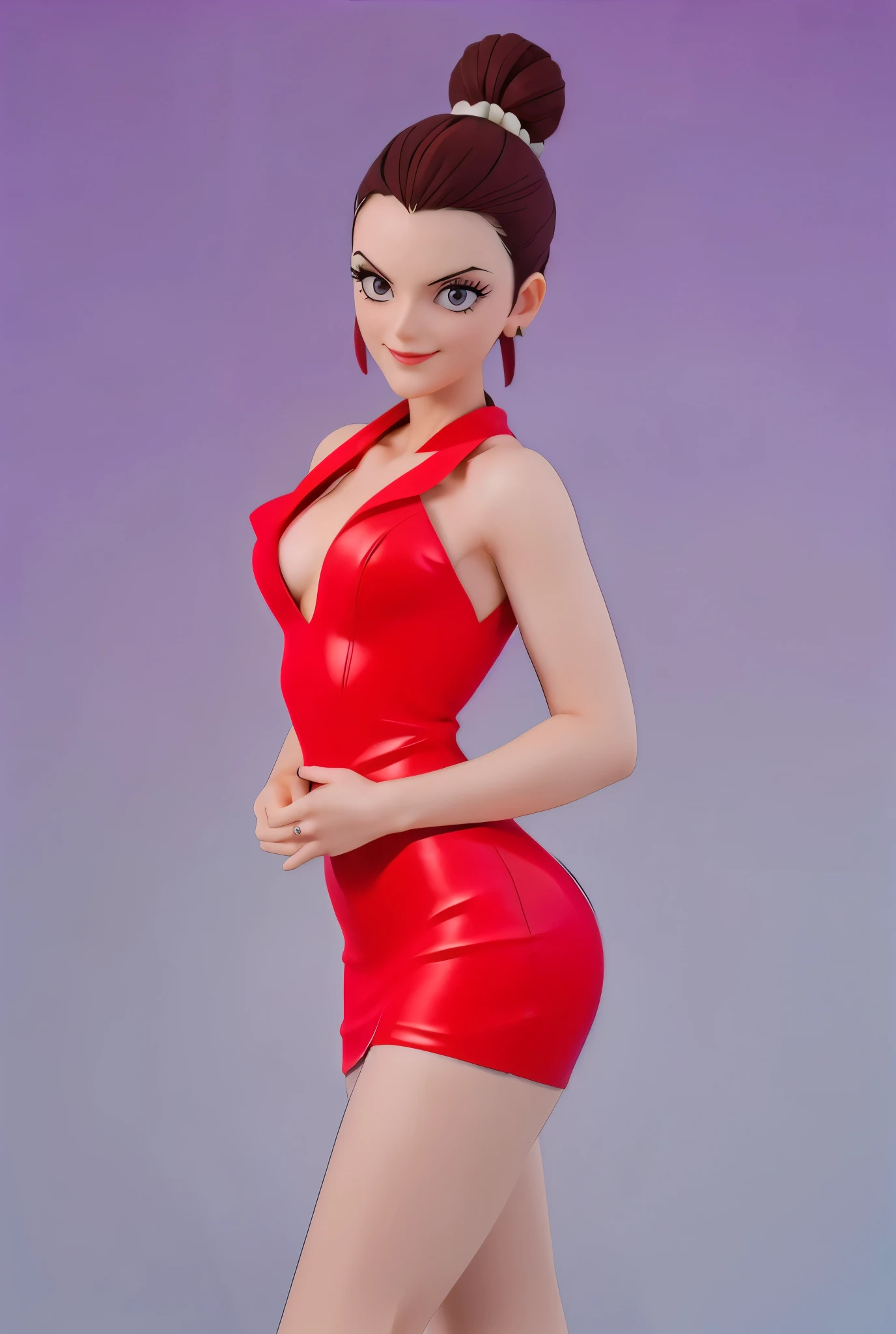 Kaolinite more realistic ((   masterpiece,   Better Quality,Ultra delicate,Perfect face,16K,   High resolution,  )) realistic textures, Kaolinite Bun hair, Hair bun ,  seductive pose, fitted red tubed mini dress , Uniform dress , Office tight mini dress , tight dress ,  tight red dress ,  purple eyes ,   beautiful smile  , 30 YEARS
