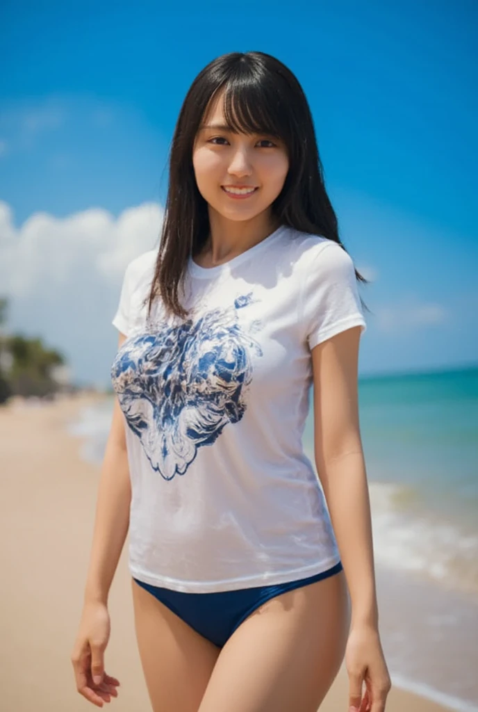    young Japanese woman inserting dildos into pussy,   realistic, photo-  realistic, Masterpiece,   best quality  ,   intricate detail  ,   very detailed,    sharp concentration ,    Professional Lights   , ( Bust,  Front Map, the above:1.2), Alone,   1 girl, (  shiny lips on the beach  、   walking  :1.4),   slender body, Small Head,    straight long black hair with blunt bangs  ,   blue-white skin,   fine skin,  Shiny Skin,   natural cosmetics ,    Tiny Breasts  ,   T-shirt, Hidden nipples,   Sensual Face,   enchanting eyes,  Seductive poses for gravure photos ,   anatomically correct proportions  ,   blue sky