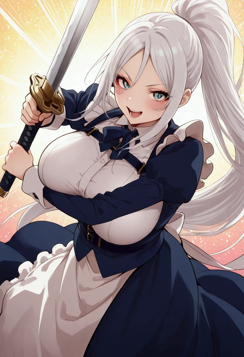 masterpiece, sylpha,Maid, white hair,long hair, ponytail style,, bang,, long hair,Big breast, ,smile,, blush,,smile,, details,perfect, details master pieces,high quality,, feminine, perfect,realistic, perfect lights, perfect lights,Open mouth, teeth, serious gaze, stand fight, sword, katana