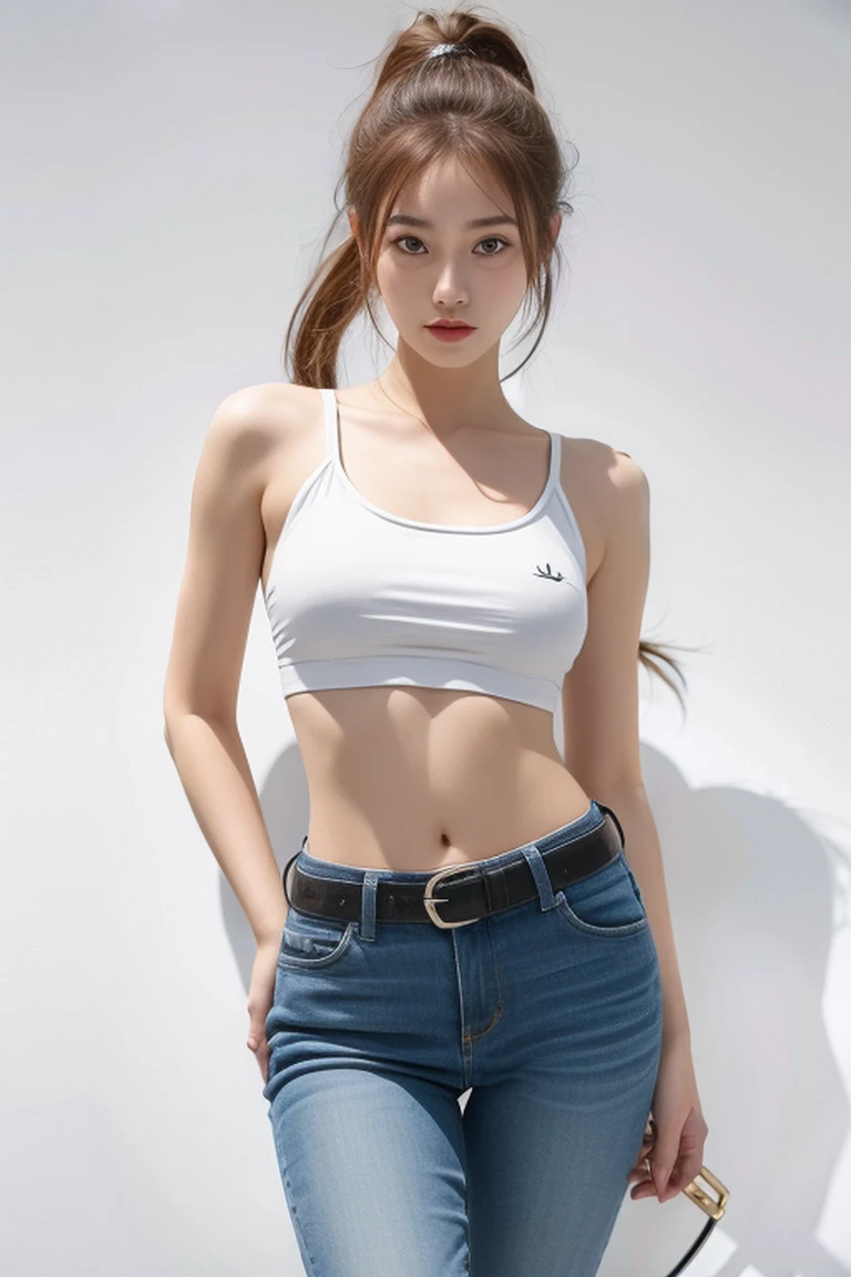 Girl in white shirt and tight denim skirt posing for photo, full body, legs spread, cut t-shirt, bra, slim body, small bust, slim girl model, 24 year old female model, lying down, shy, skin wet, sweating