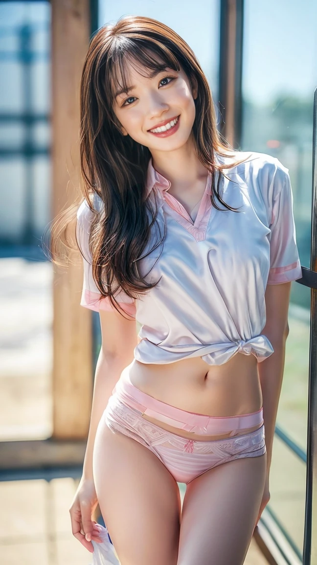 (((pink collared police officer shirt))),(((see through and show areola))),(((wedgie and thong panty:1.5))),(((bare side breast))),(((bare inner thigh and pink over-kneehighs))),(((wear a pink tie and cleavage pink cutout))),(((wear a regulation pink police cap and pink wrap miniskirt lift:1.5))),(((bare shoulders and detached sleeves))),ulzzang-6500-v1.1, (Raw photo:1.2), (Photo realistic:1.4), a beautiful detailed girl, extremely detailed eye and face, beautiful detailed eyes, ultra-detailed, High resolution, top-quality, masterpiece, highly detailed, 8k wallpaper, Wonderful, finely detail, top-quality, Light on the face,电影灯光,1girl in,(prison bedroom),Beautiful eyes,smile,Opening Mouth