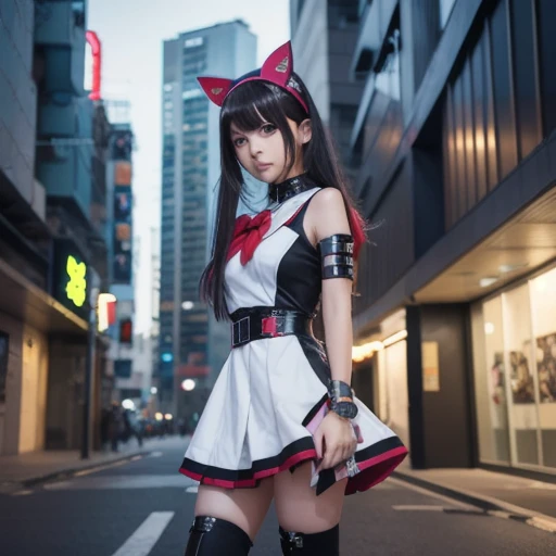 nsfw, maruzensky (umamusume),, red thighhighs, red jacket, pleated skirt, red skirt, long sleeves, choker, red shirt, open jacket, white bow, open clothes, high heel boots, asphalt road, running, eye trails, night sky, neon, from above,ray tracing, , 