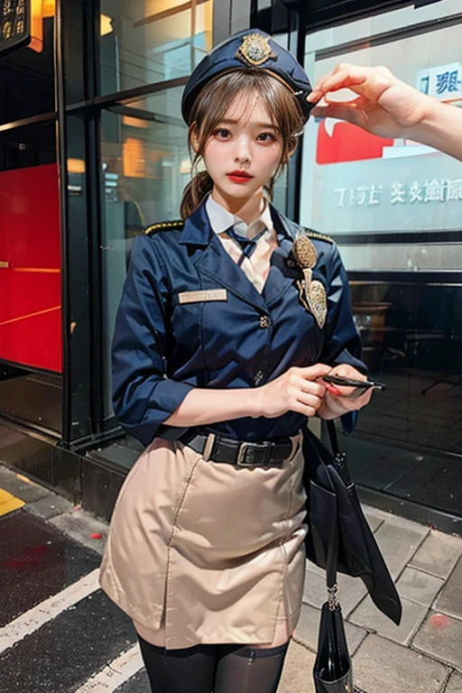 nsfw, 8K Raw photograph, best qualtiy, tmasterpiece, 超高分辨率, filmgrain, cinematic ligh, 1girl, looking at viewert, Natural skin texture, Realistic Eyes and Face Details, full pouty lips, lipsticks, (putting makeup on), Red Eyeshadow, Short fluffy hair, messy hair, ssmile, Keep one's mouth shut, beautifullegs, Tall women, being thin, slim_legs, 独奏, army suit,Officer's cap,epaulette,Badge,vague background, bblurry, halter, tartan, short- sleeved, JK ribbon around the neck, JK ribbon, brown hair, bangle, Eau, By bangs, parted lip, cparted lips, depth of fields,walking towards camera,dyna,ventania