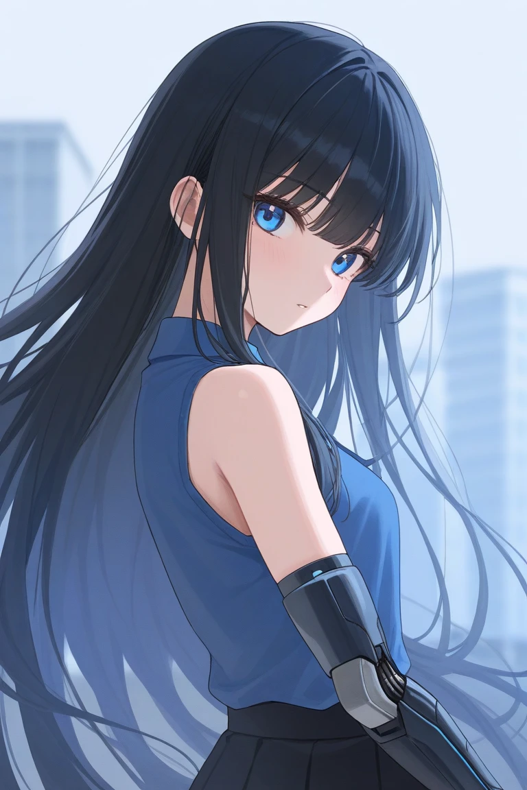 Girl, long black hair, blue eyes, bionic arm