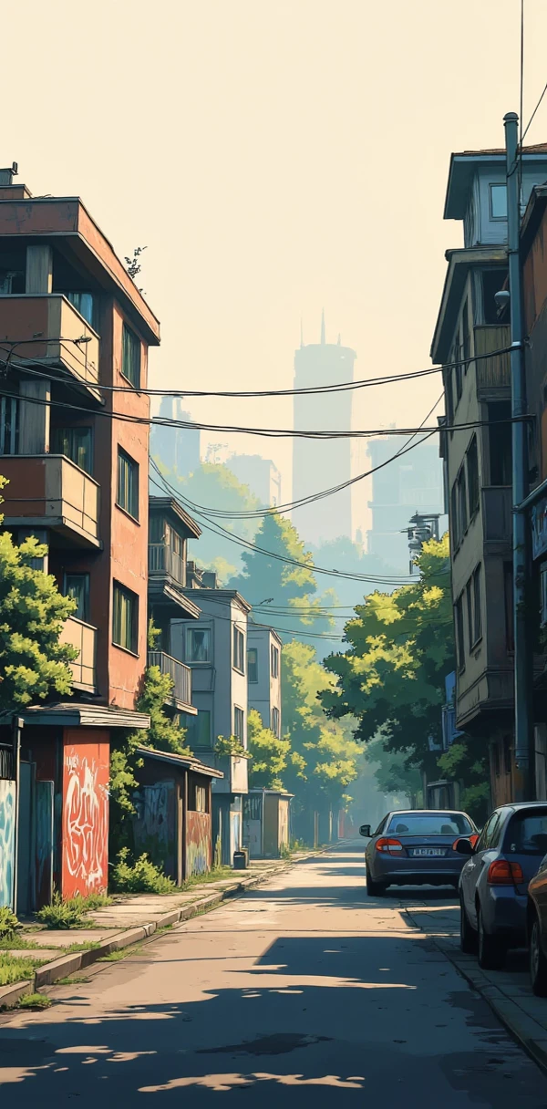 8k, masterpiece, Diorama,  silhouette illustration that doesn't draw a car, No_humans, No_Cars, Ruins in the suburbs ,  graffiti is drawn on the suburban wall,  is foggy, 